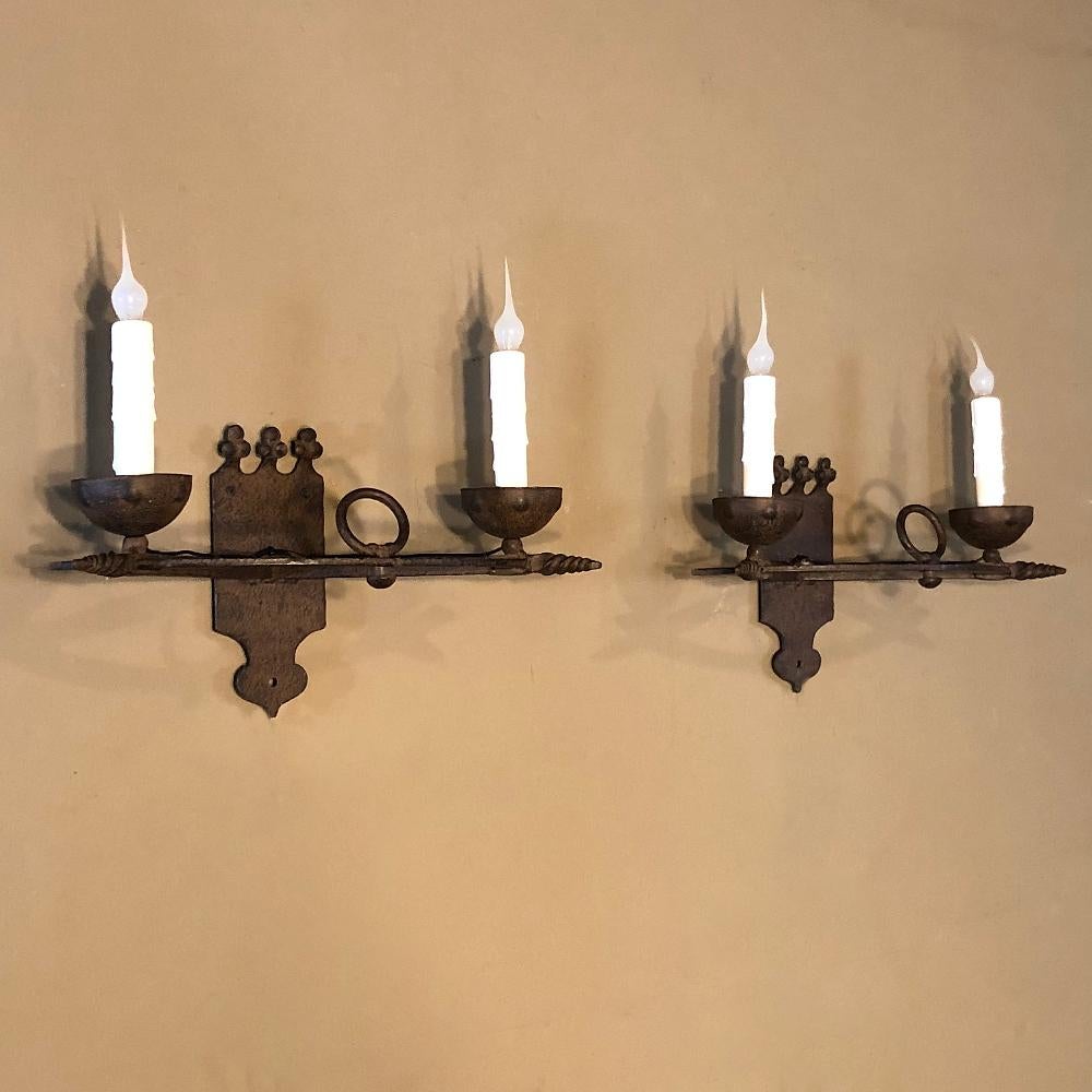 Pair of Antique Country French Wrought Iron Wall Sconces 1