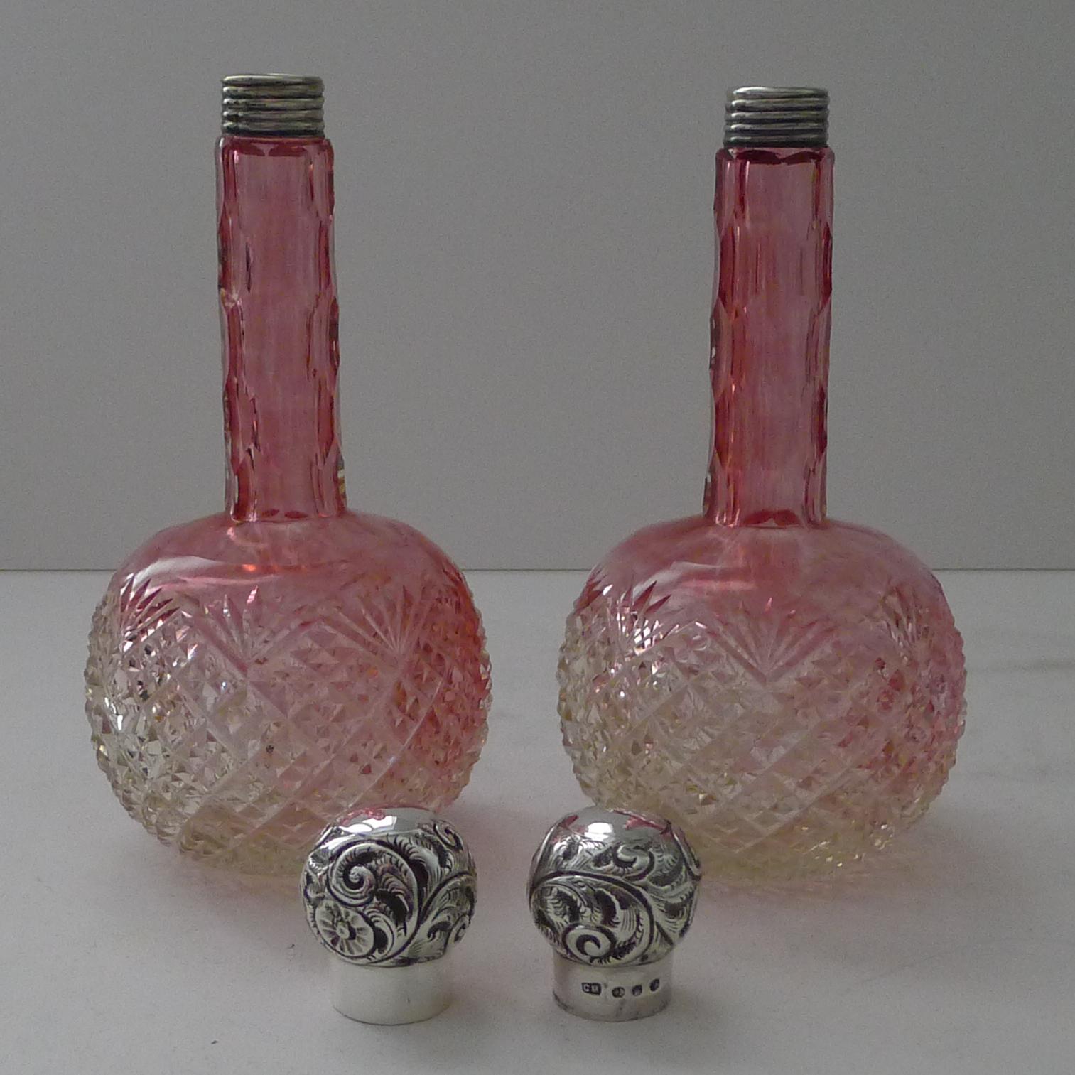 Pair Antique Cut Glass & Solid Silver Perfume Bottles - 1896 For Sale 3
