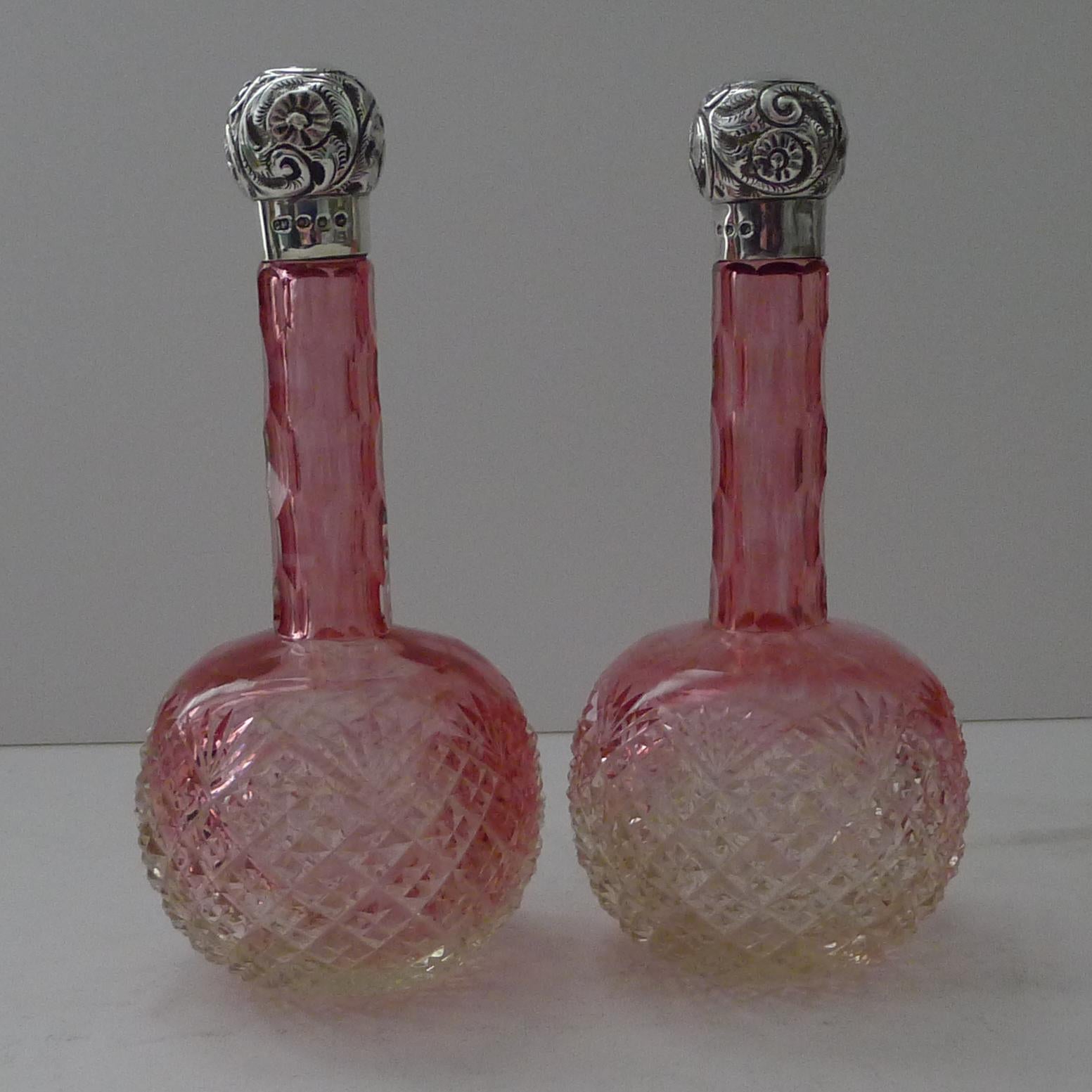British Pair Antique Cut Glass & Solid Silver Perfume Bottles - 1896 For Sale