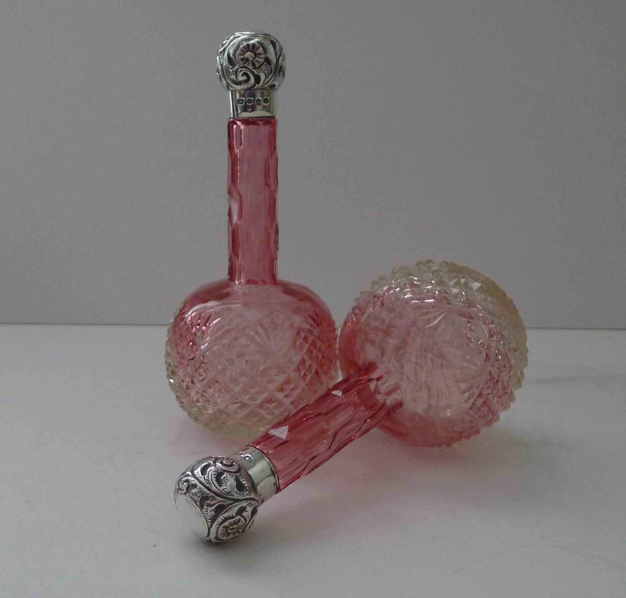 Pair Antique Cut Glass & Solid Silver Perfume Bottles - 1896 In Good Condition For Sale In Bath, GB