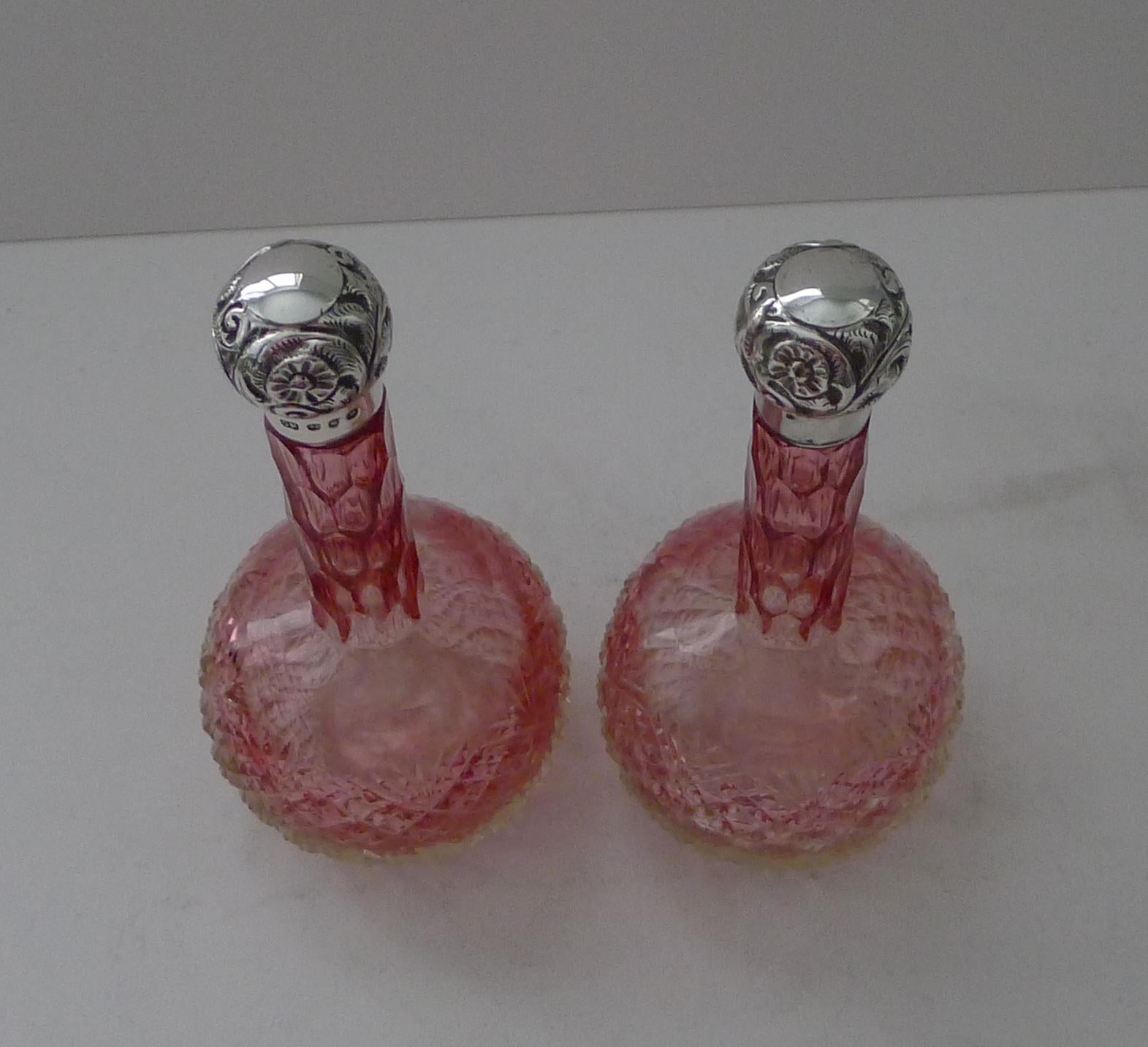 Late 19th Century Pair Antique Cut Glass & Solid Silver Perfume Bottles - 1896 For Sale