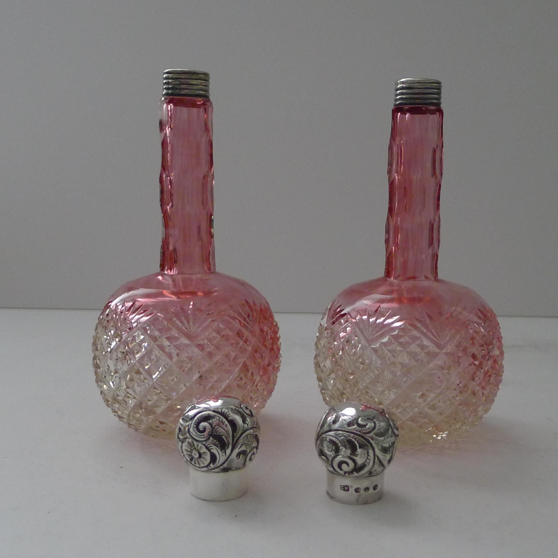 Sterling Silver Pair Antique Cut Glass & Solid Silver Perfume Bottles - 1896 For Sale