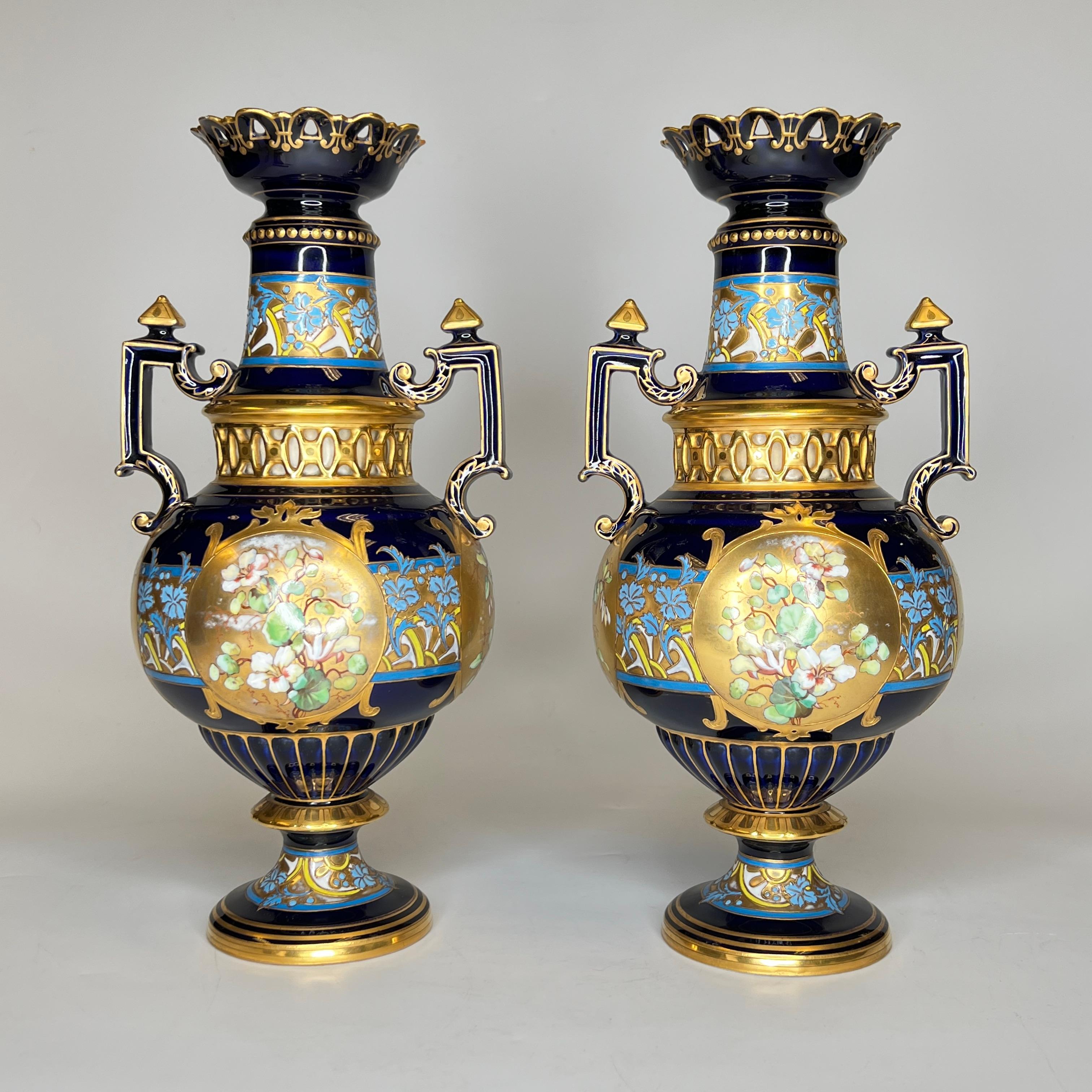 Neoclassical Pair Antique Czech Floral Painted and Gilded Porcelain Vases by Fischer and Mieg For Sale
