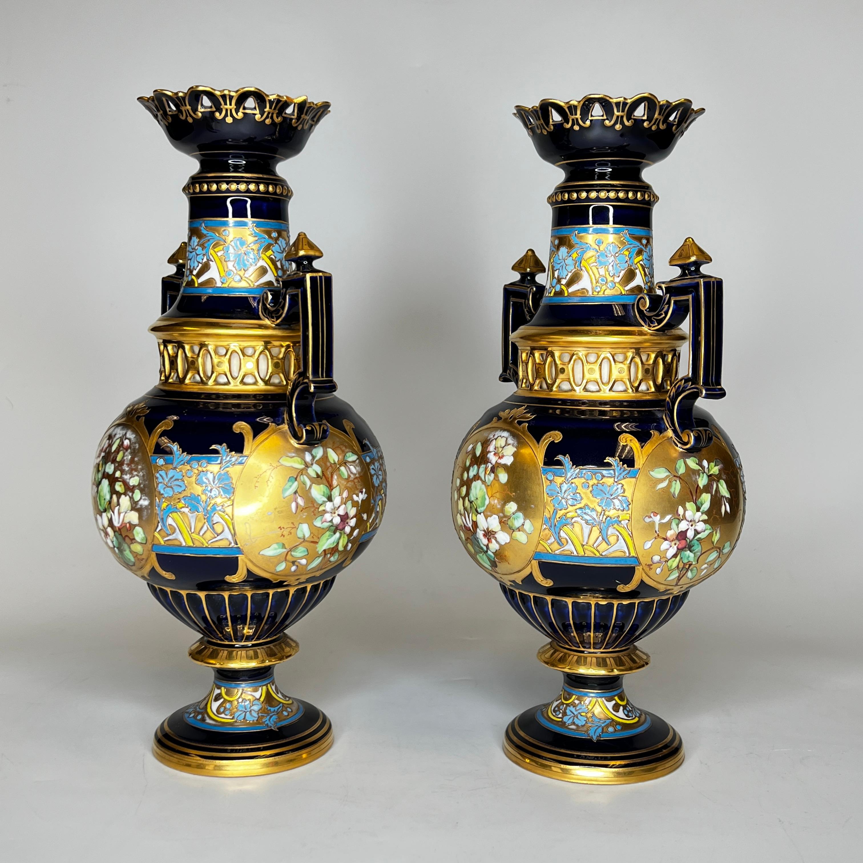 Austrian Pair Antique Czech Floral Painted and Gilded Porcelain Vases by Fischer and Mieg For Sale