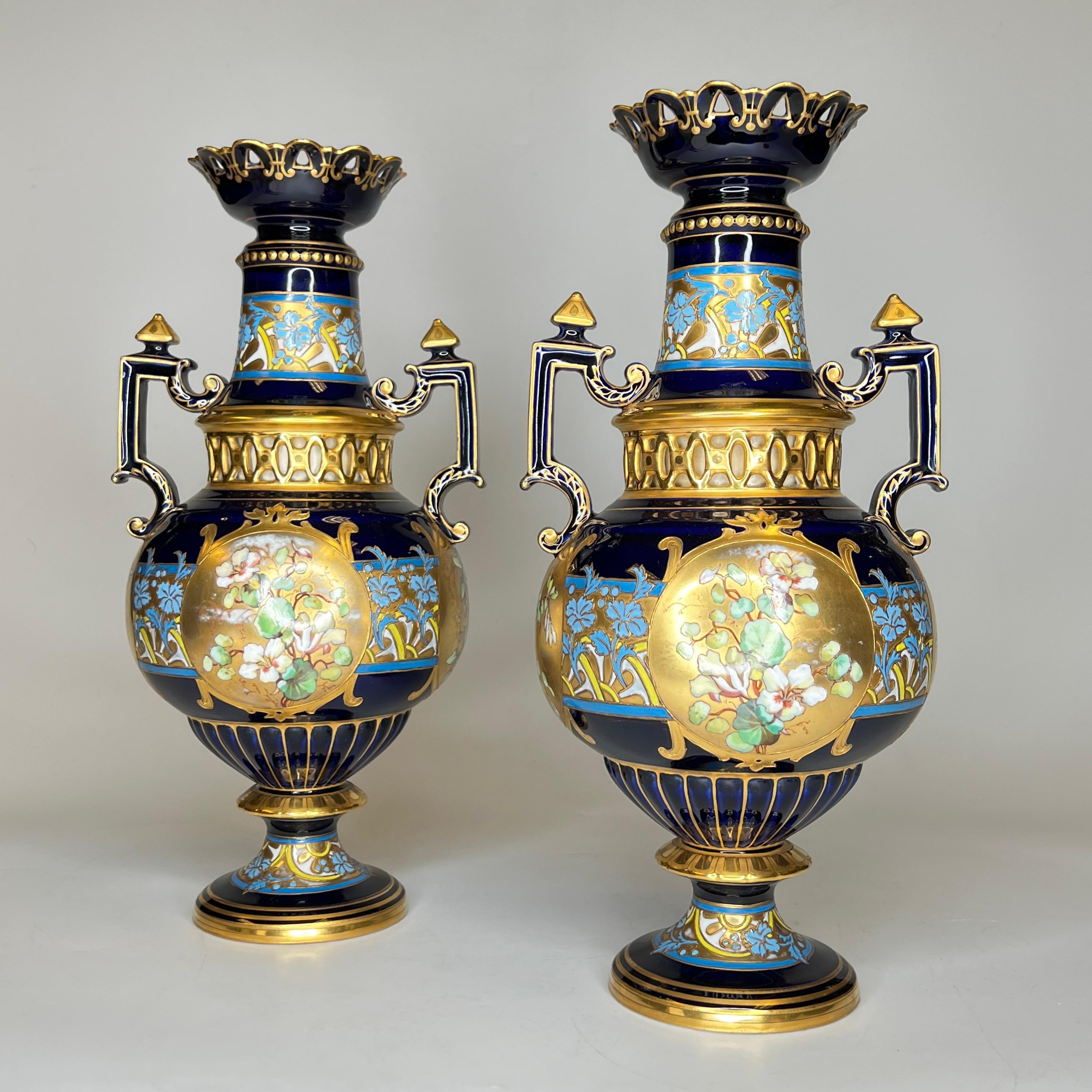 Gilt Pair Antique Czech Floral Painted and Gilded Porcelain Vases by Fischer and Mieg For Sale