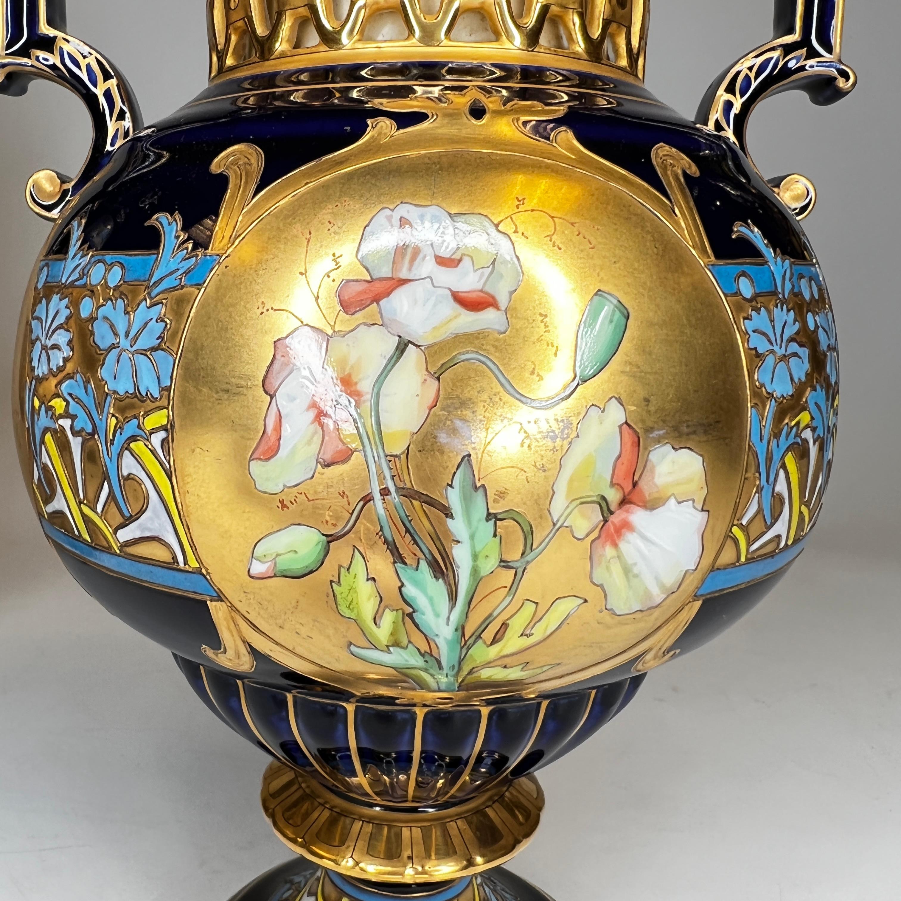 Pair Antique Czech Floral Painted and Gilded Porcelain Vases by Fischer and Mieg In Good Condition For Sale In New York, NY