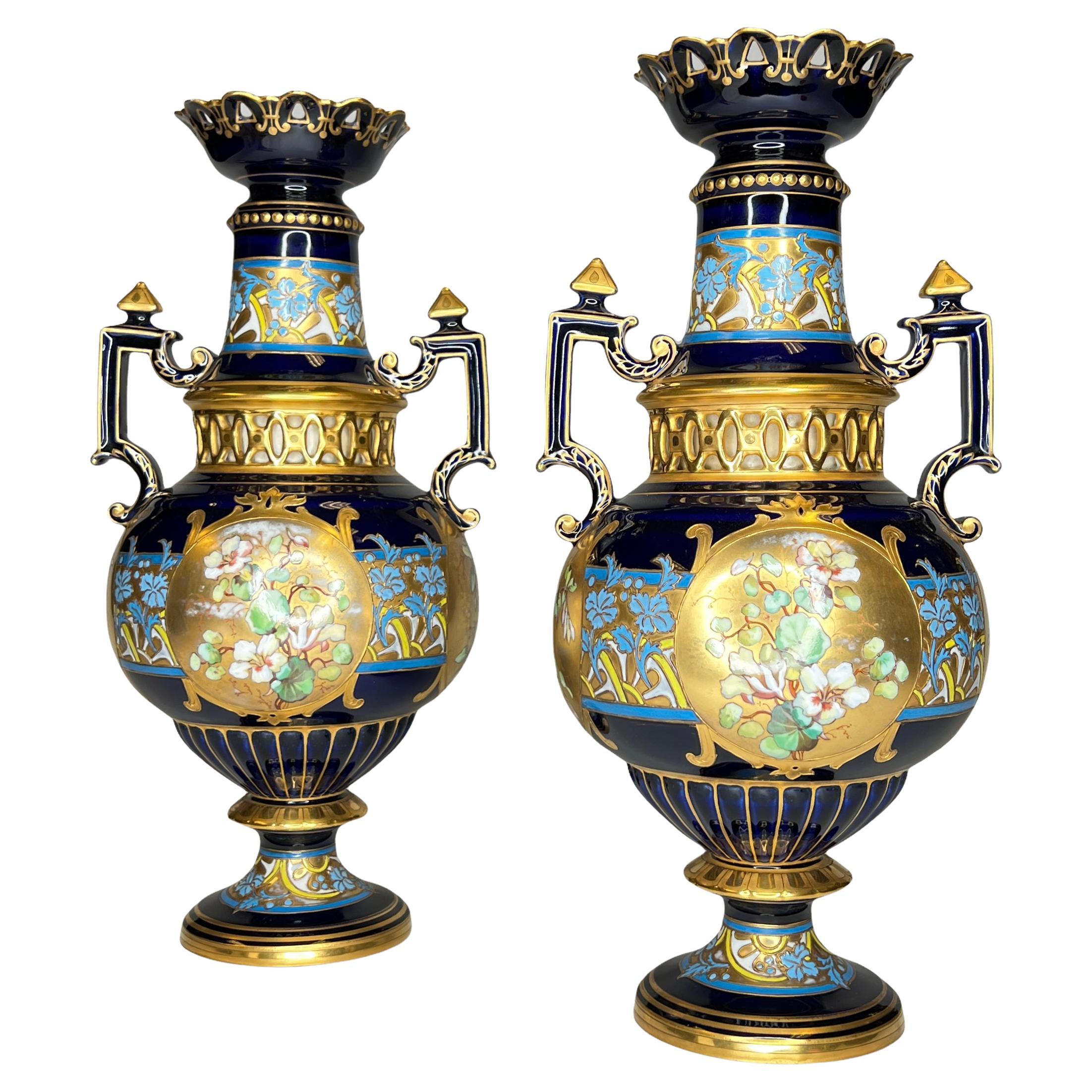 Pair Antique Czech Floral Painted and Gilded Porcelain Vases by Fischer and Mieg For Sale