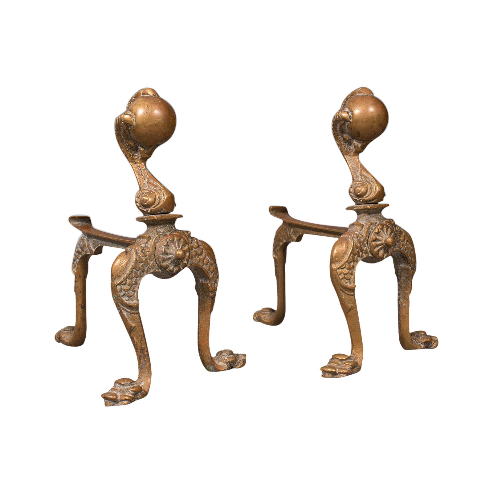 Pair, Antique Decorative Fireside Tool Rests, French, Brass, Andiron, Victorian