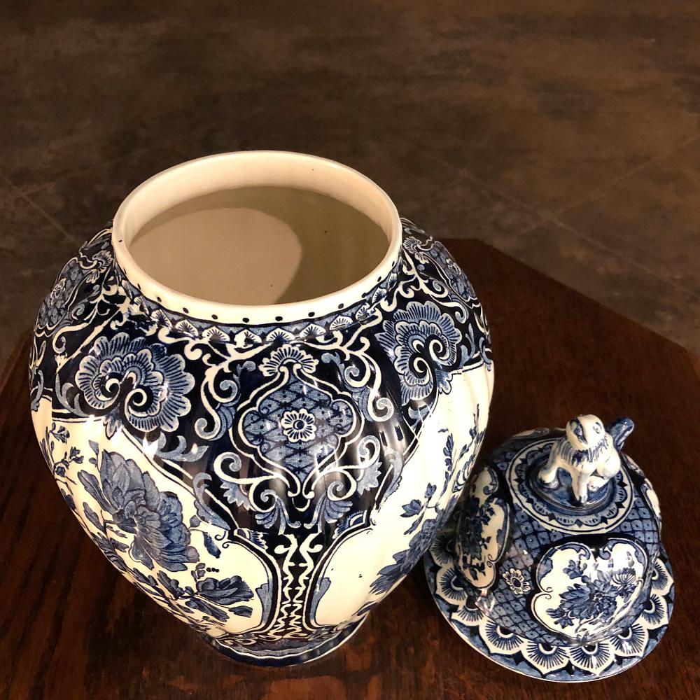 Pair Antique Delft Blue & White Transferware Lidded Vases 3