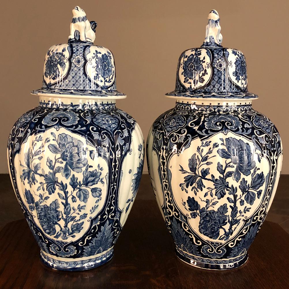Chinese Export Pair Antique Delft Blue & White Transferware Lidded Vases
