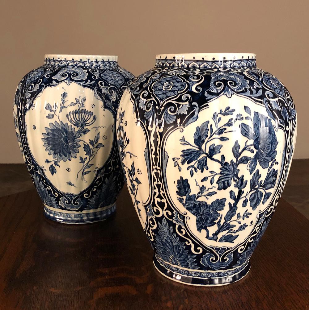 Dutch Pair Antique Delft Blue & White Transferware Lidded Vases