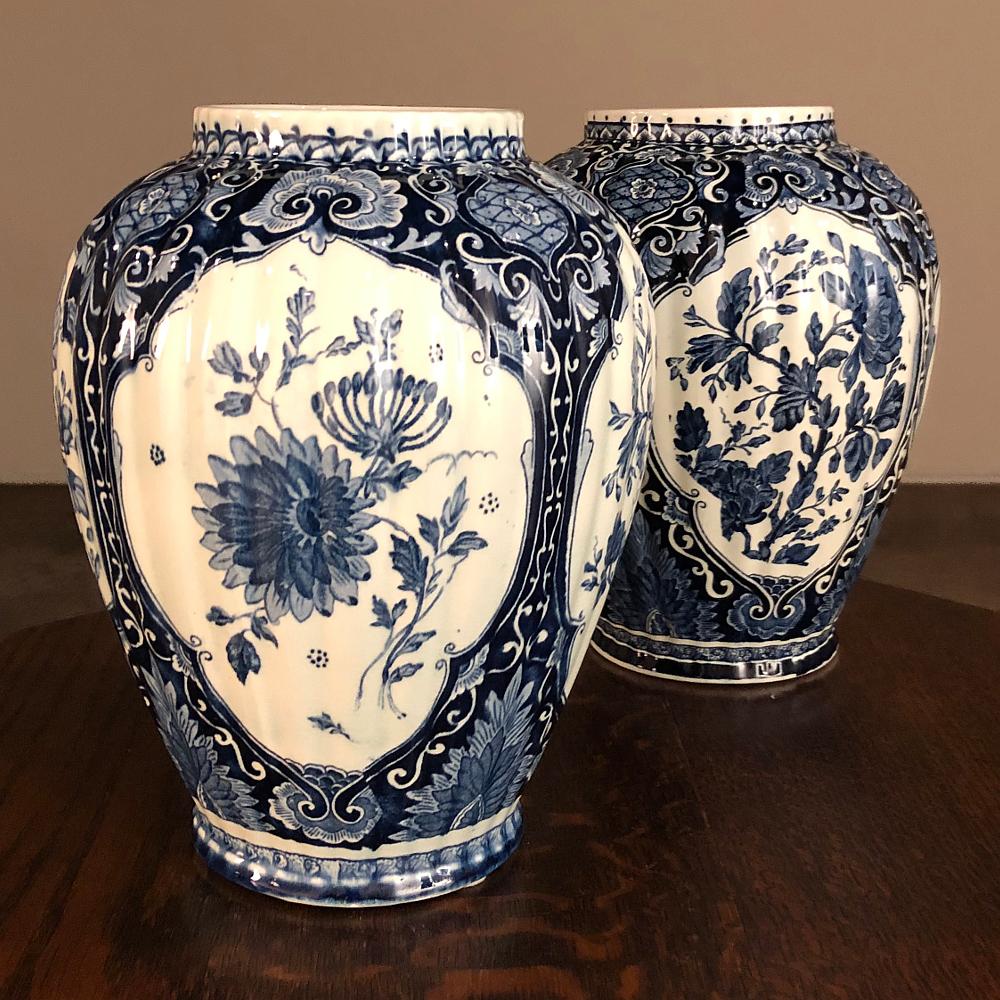 Hand-Crafted Pair Antique Delft Blue & White Transferware Lidded Vases