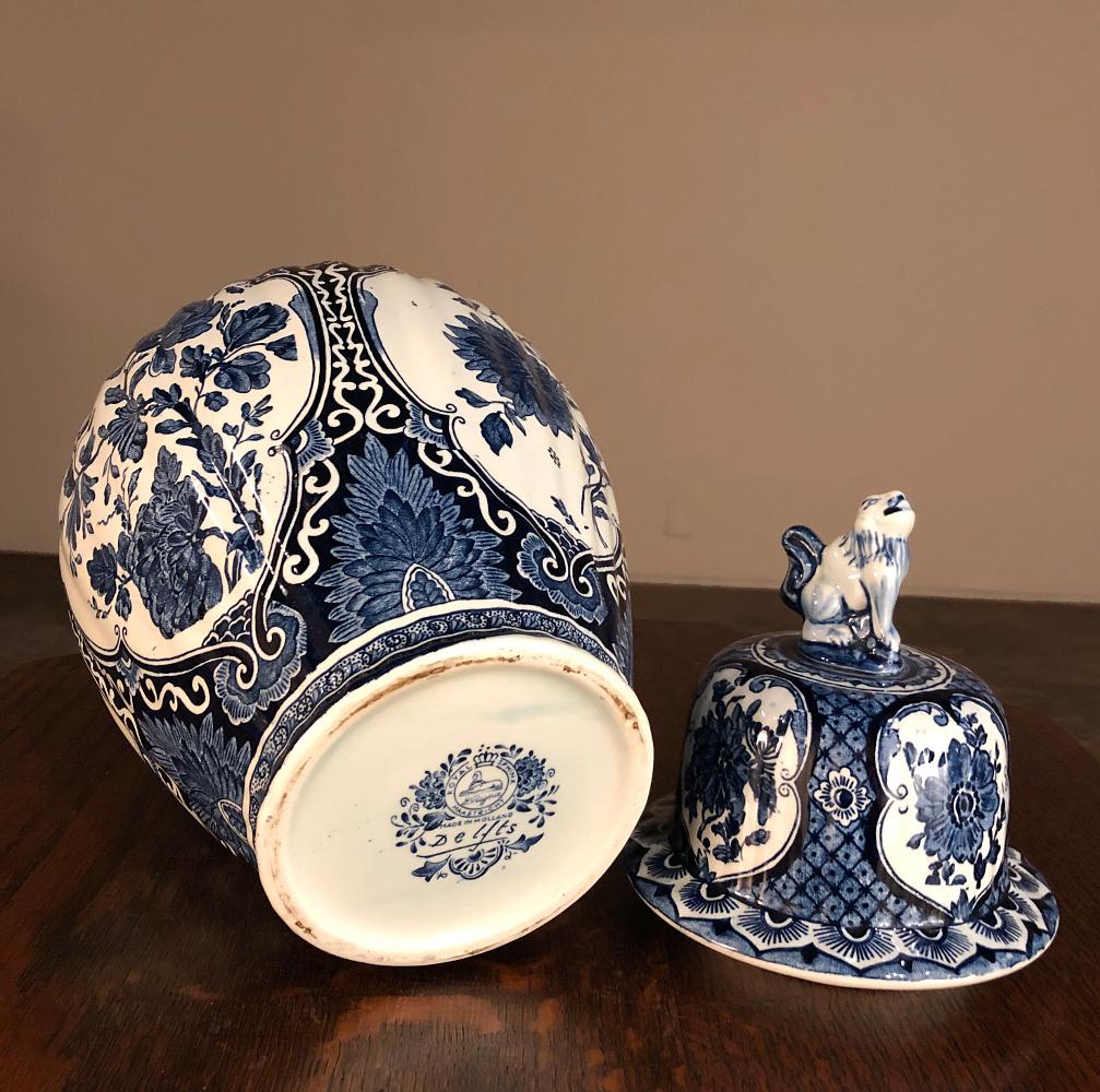 Early 20th Century Pair Antique Delft Blue & White Transferware Lidded Vases