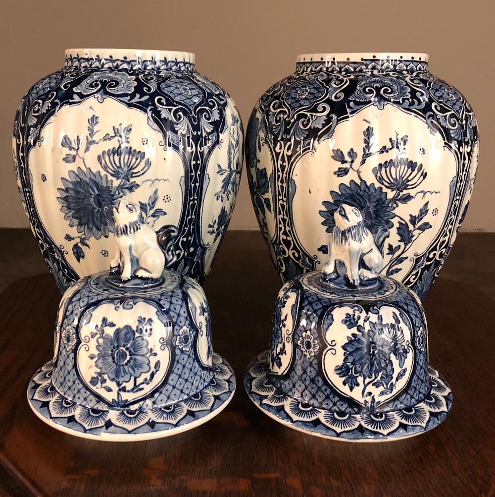 Porcelain Pair Antique Delft Blue & White Transferware Lidded Vases