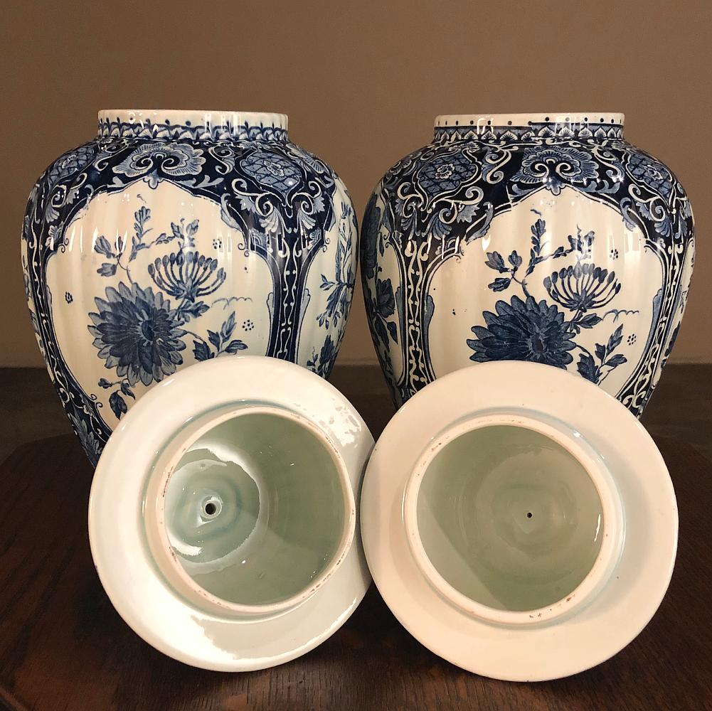 Pair Antique Delft Blue & White Transferware Lidded Vases 1