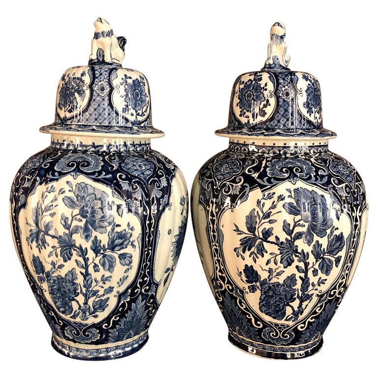 Pair Antique Delft Blue and White Transferware Lidded Vases at 1stDibs