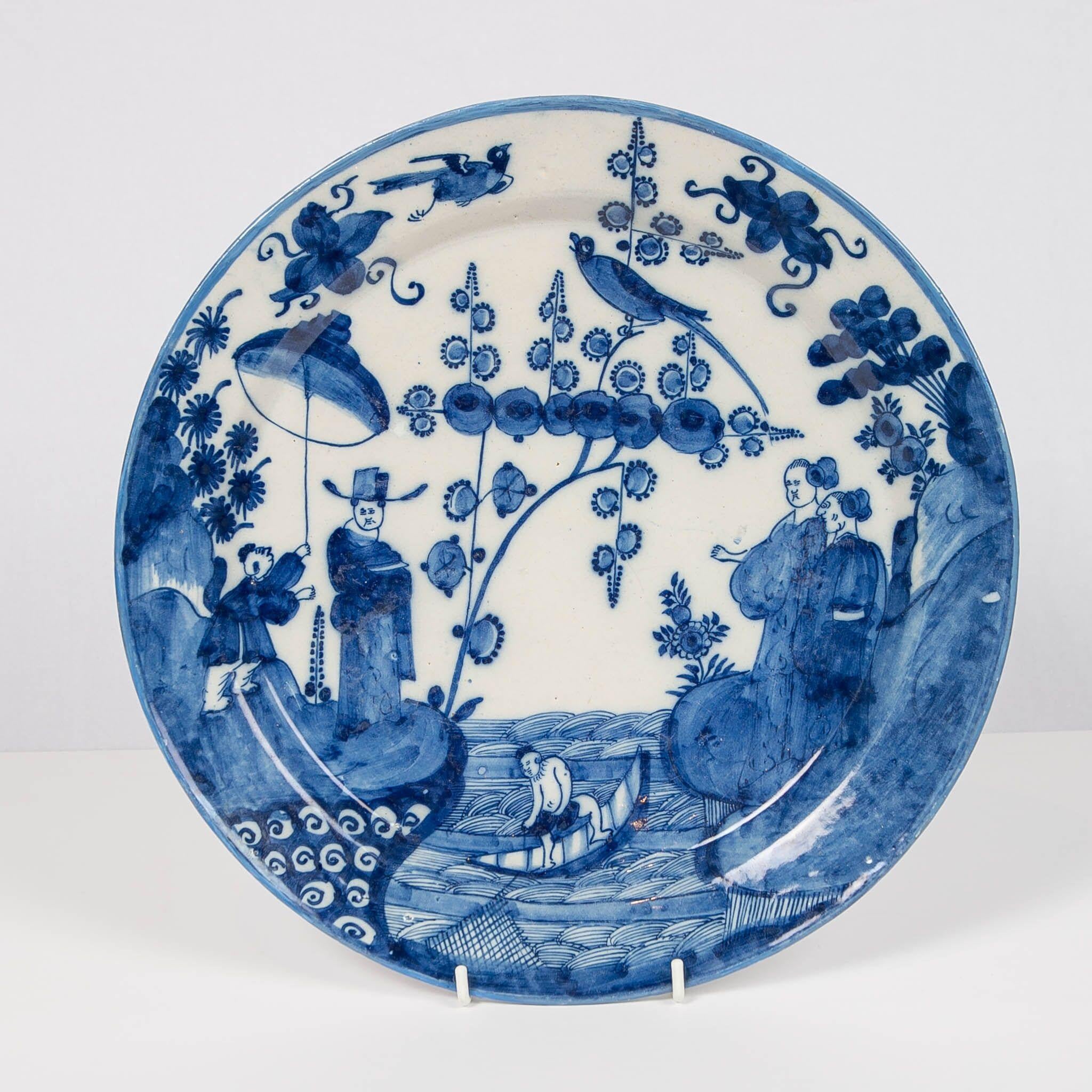 Dutch Pair of Antique Delft Chargers with Chinoiserie Scene, Netherlands circa 1693