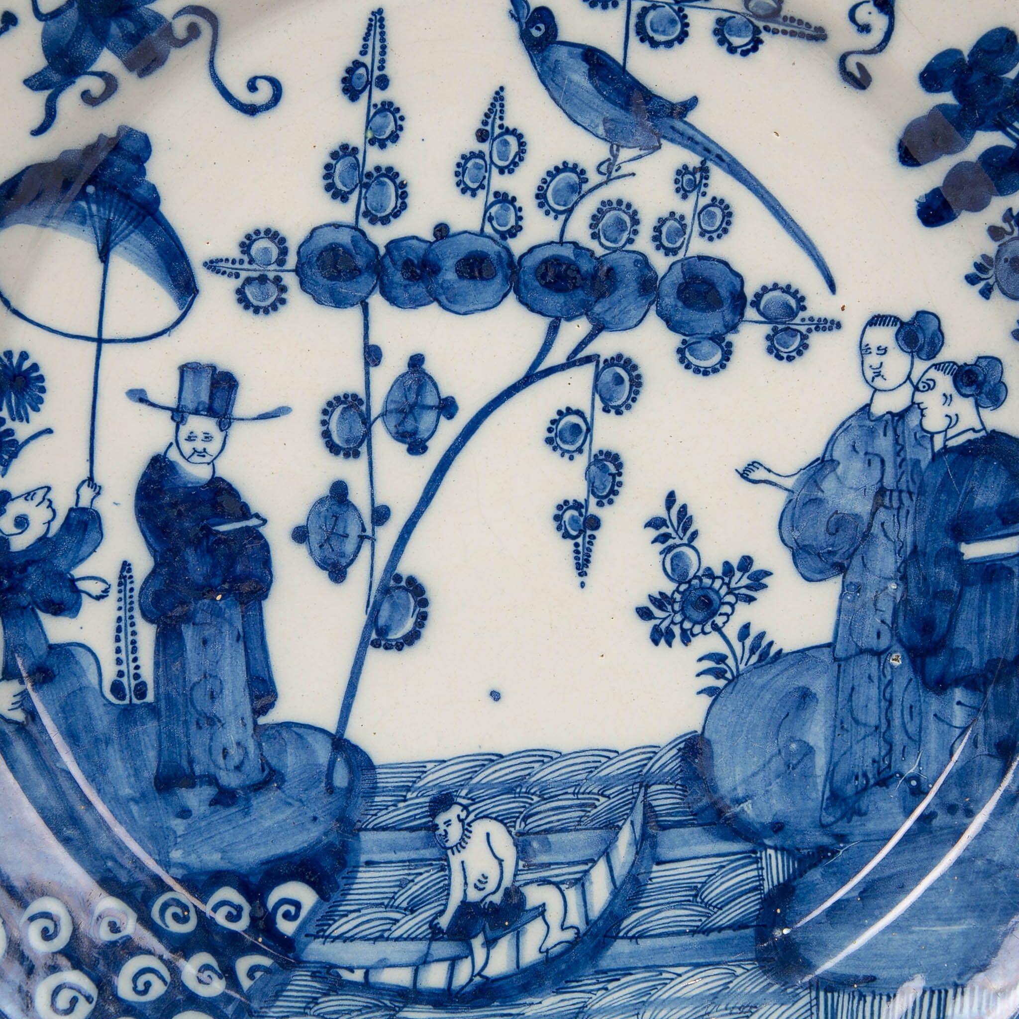 Glazed Pair of Antique Delft Chargers with Chinoiserie Scene, Netherlands circa 1693
