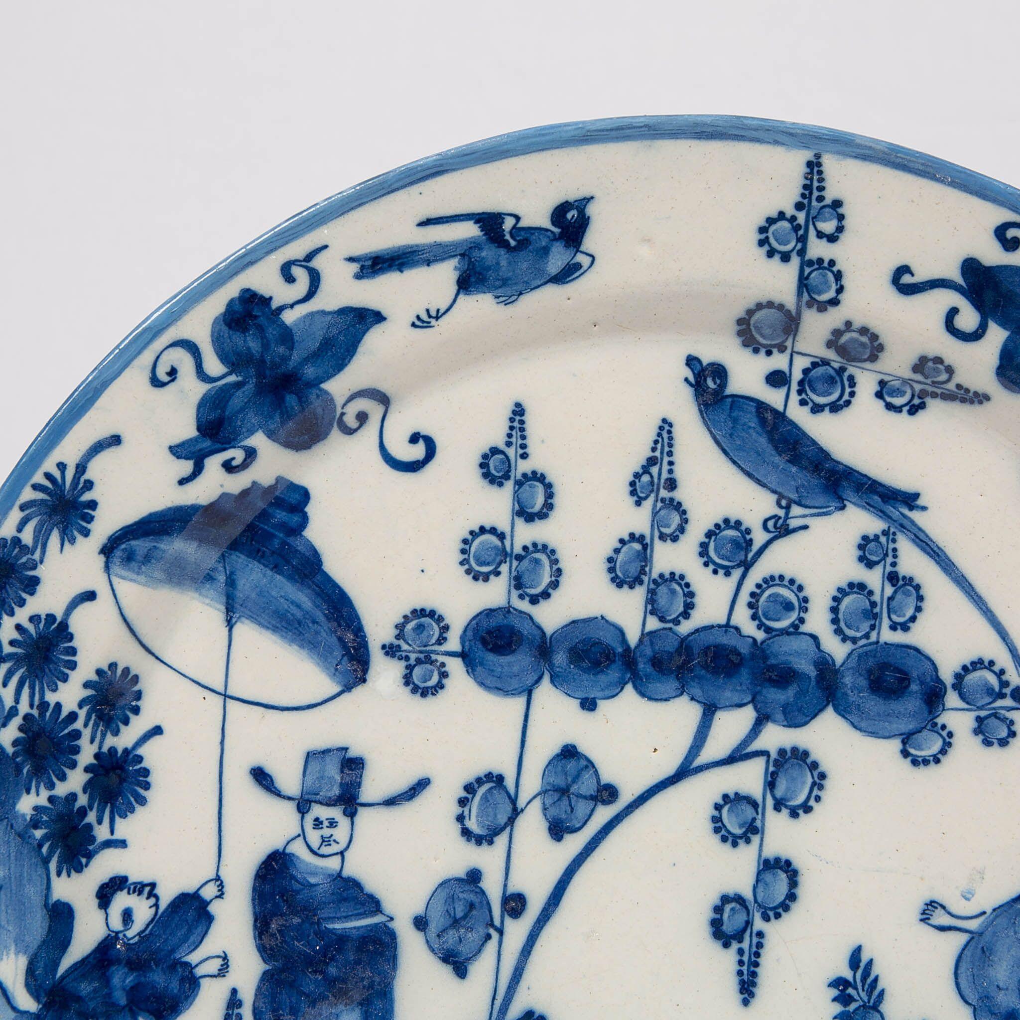 17th Century Pair of Antique Delft Chargers with Chinoiserie Scene, Netherlands circa 1693