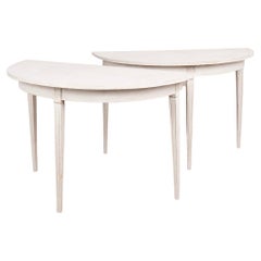 Pair, Antique Demi Lune Side Tables Painted Gray, Sweden circa 1880