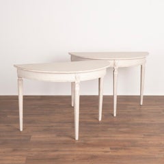 Pair, Antique Demi Lune Side Tables Painted White, from Sweden