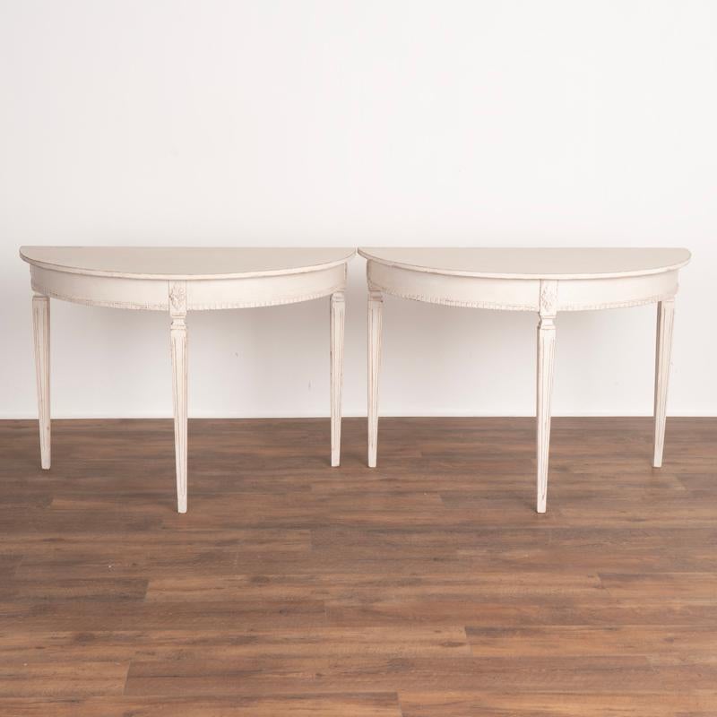 Pair, Antique Demi Lune Side Tables Painted White, from Sweden In Good Condition In Round Top, TX