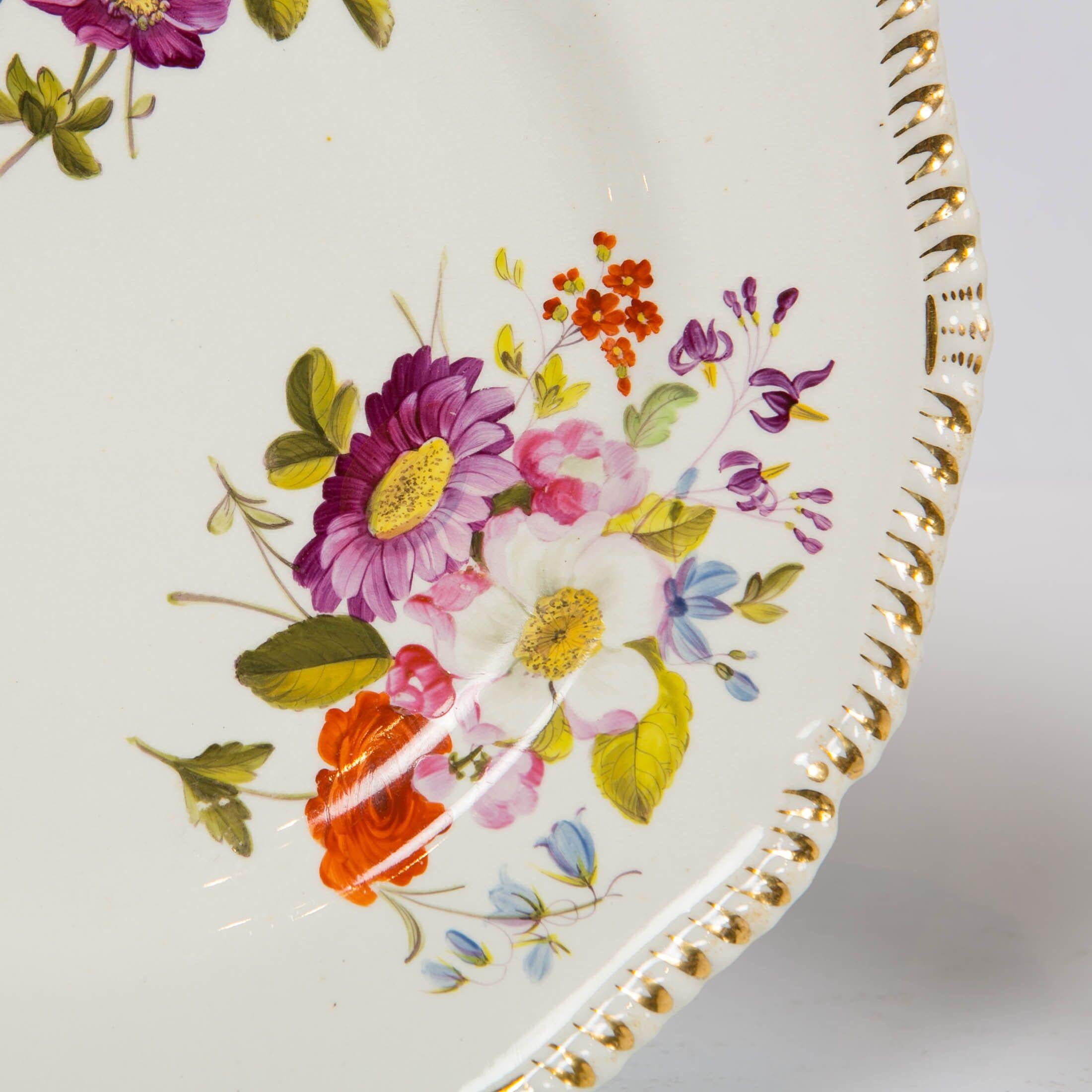 Romantic Pair of Antique Derby Dishes with Flowers Made in England, circa 1825 For Sale