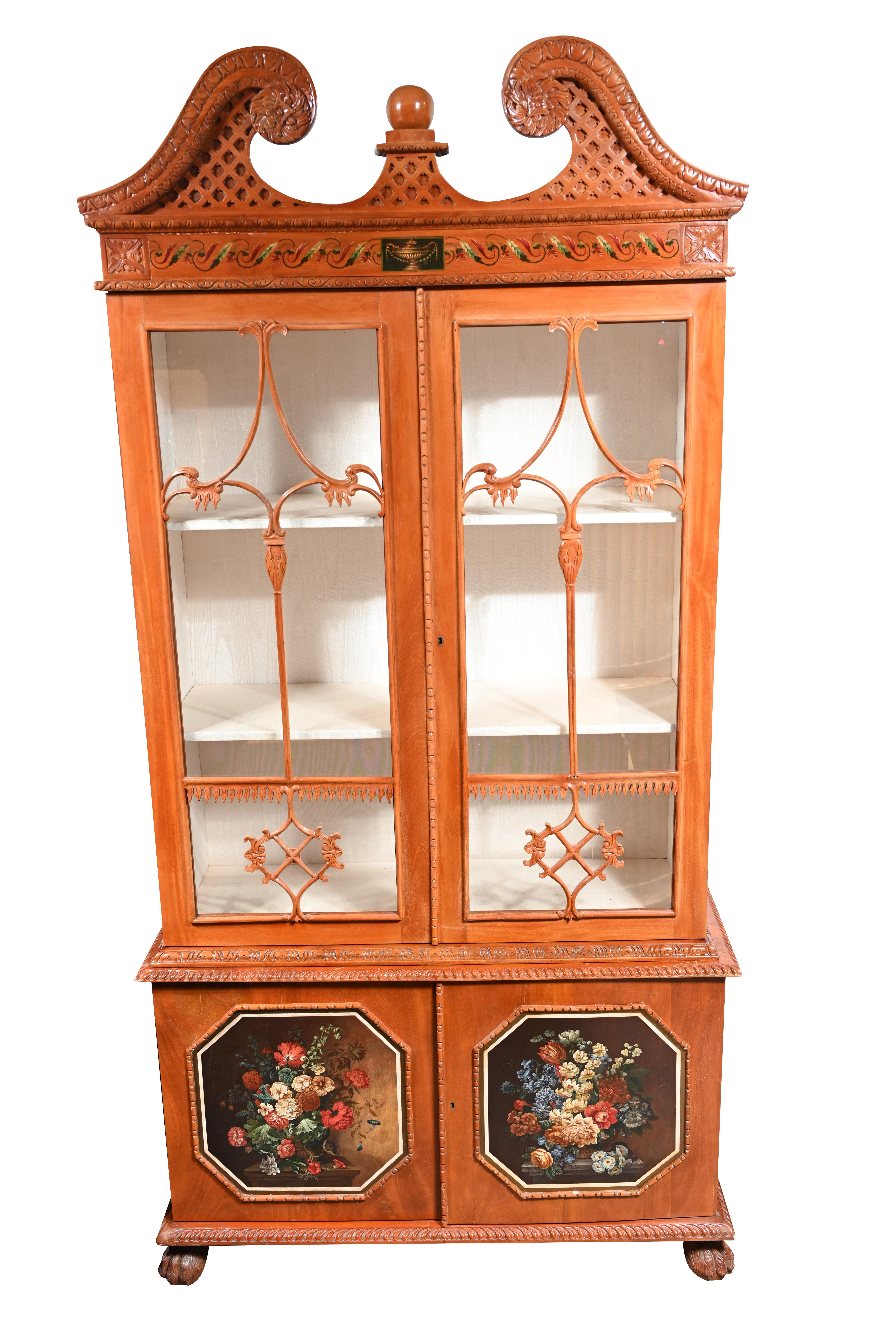 Important and unsual pair of Chippendale style glass fronted display cabinets or bookcases
Stunning pair and antique we date to circa 1920s
Large pair at over 8 feet tall - 2.5 metres
Love the intricately carved broken arch pediment to the