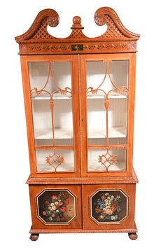 Pair Antique Display Cabinets, Chippendale Glass Fronted Bookcases Satinwood