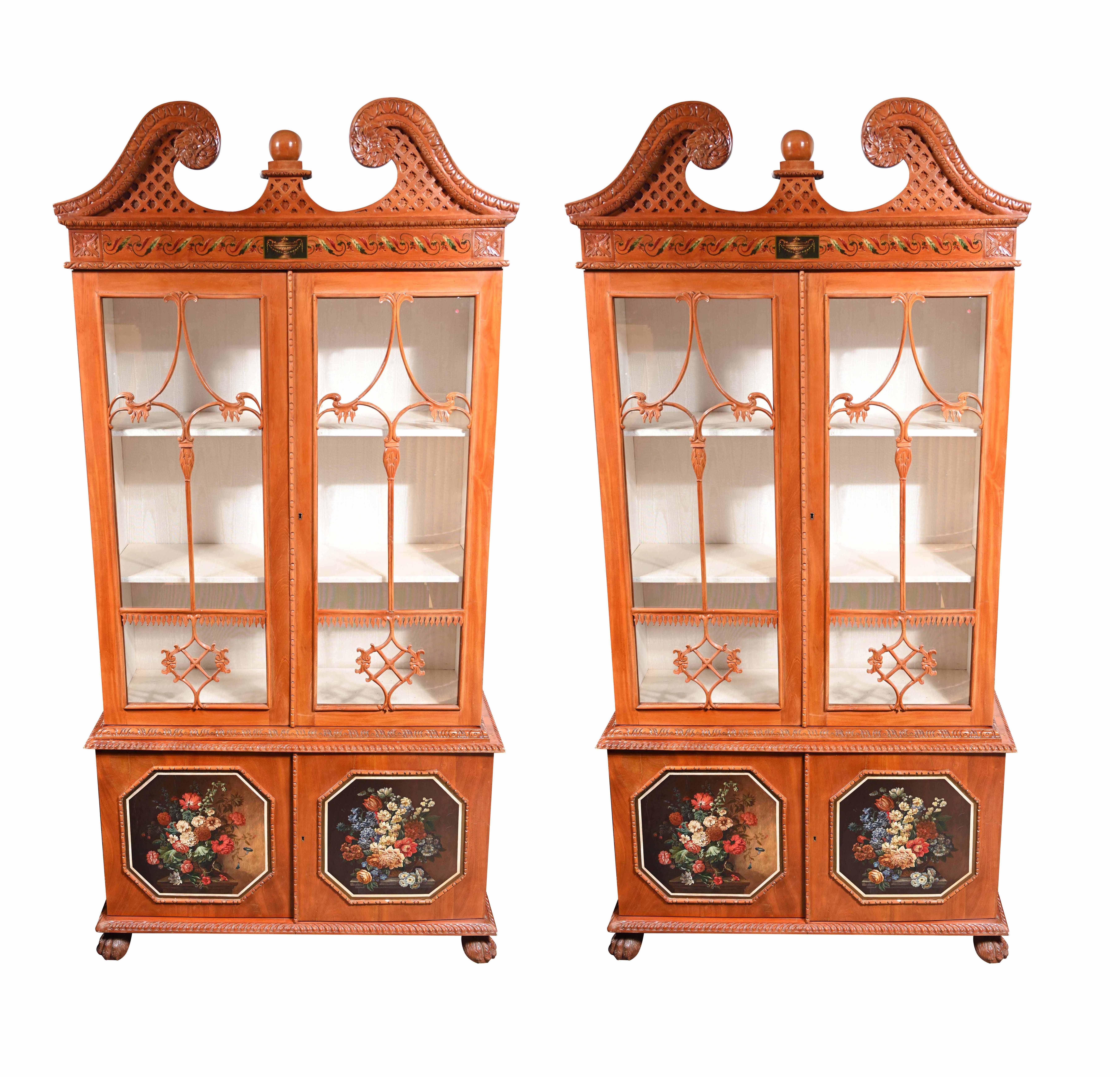 Pair Antique Display Cabinets, Chippendale Glass Fronted Bookcases Satinwood In Good Condition For Sale In Potters Bar, GB