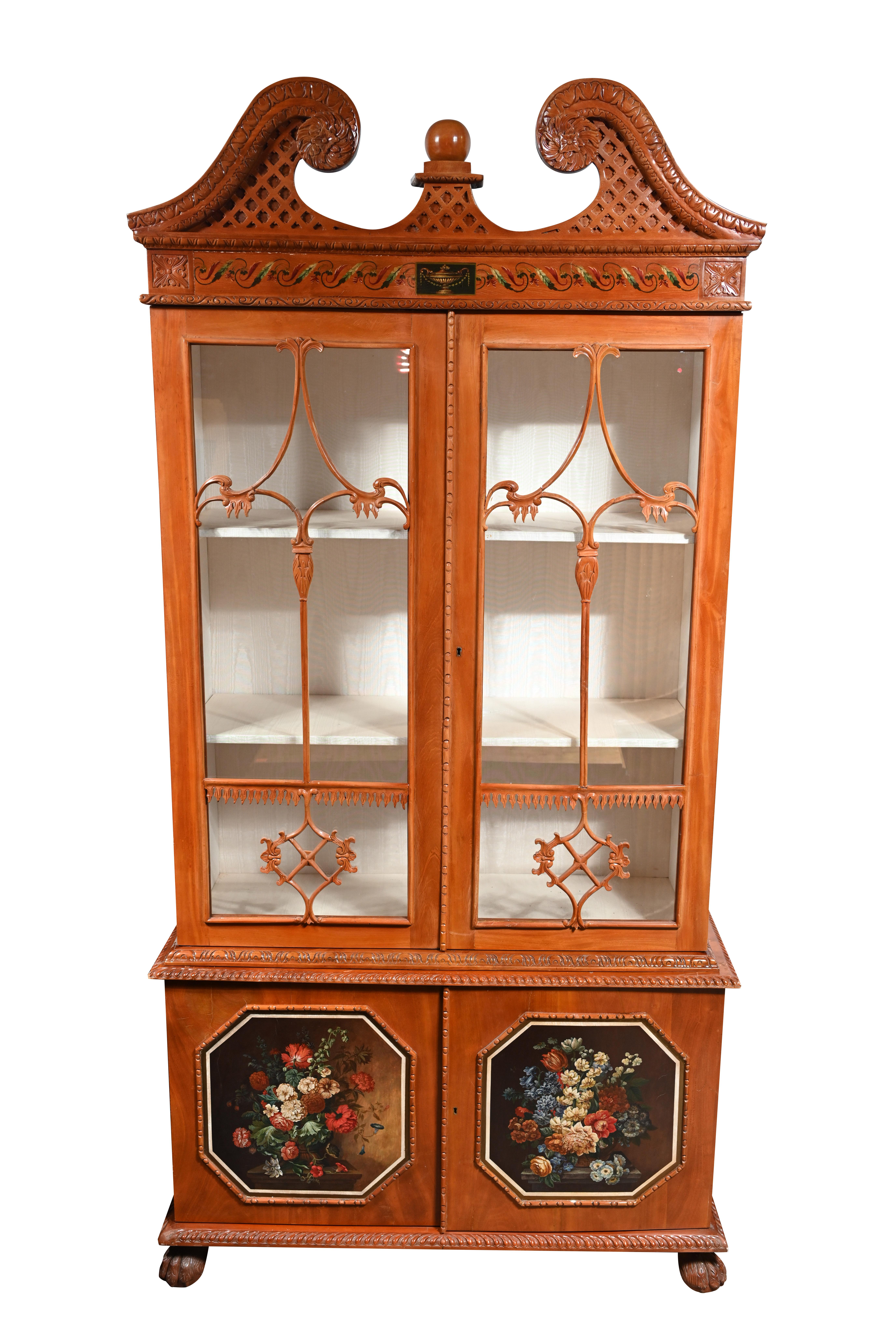 Mid-20th Century Pair Antique Display Cabinets, Chippendale Glass Fronted Bookcases Satinwood For Sale