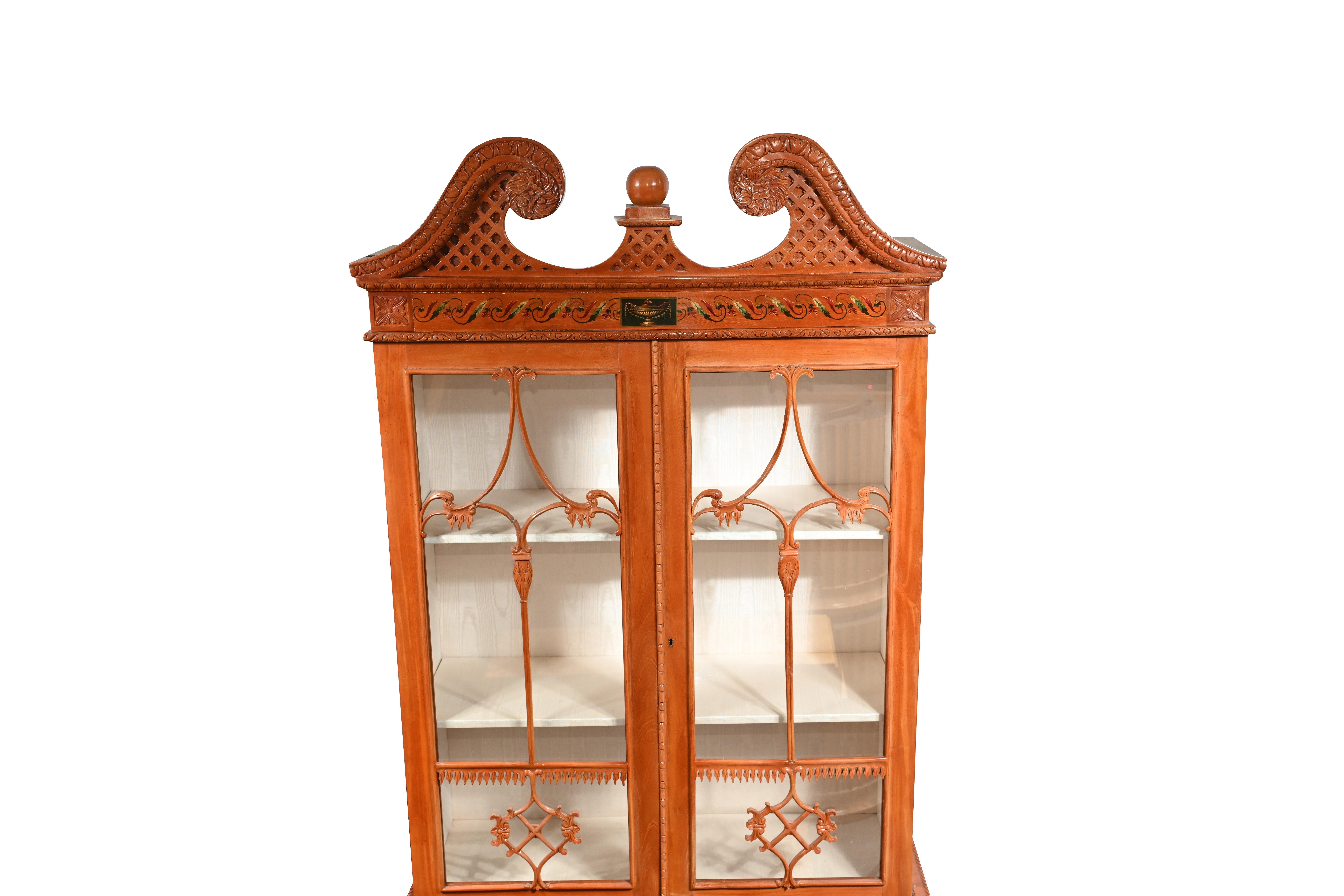 Pair Antique Display Cabinets, Chippendale Glass Fronted Bookcases Satinwood For Sale 1
