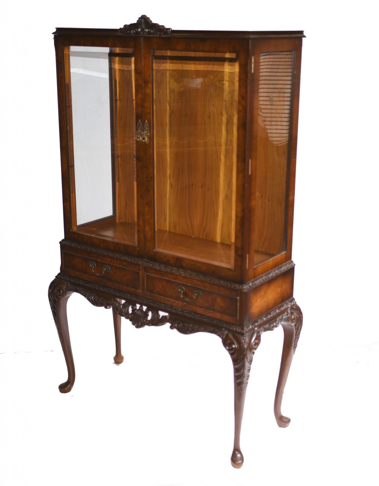 Pair Antique Display Cabinets, Walnut Victorian Bookcases 9