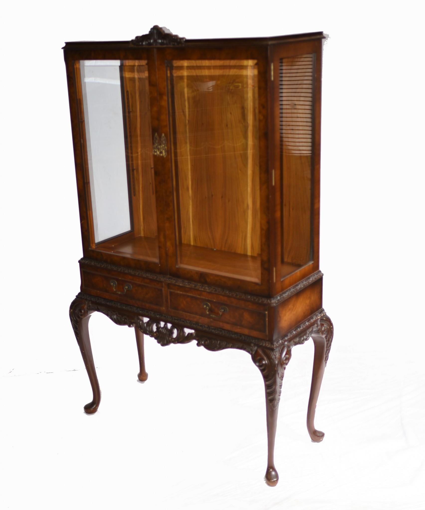 Late 20th Century Pair Antique Display Cabinets, Walnut Victorian Bookcases