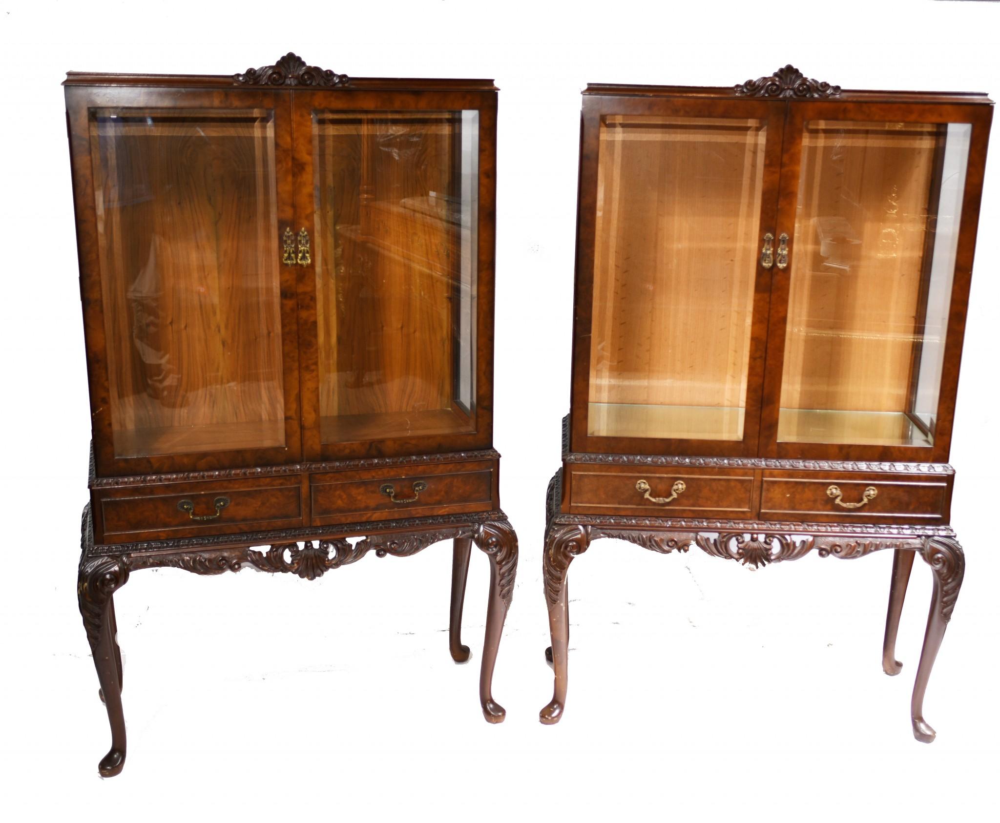 Pair Antique Display Cabinets, Walnut Victorian Bookcases 1