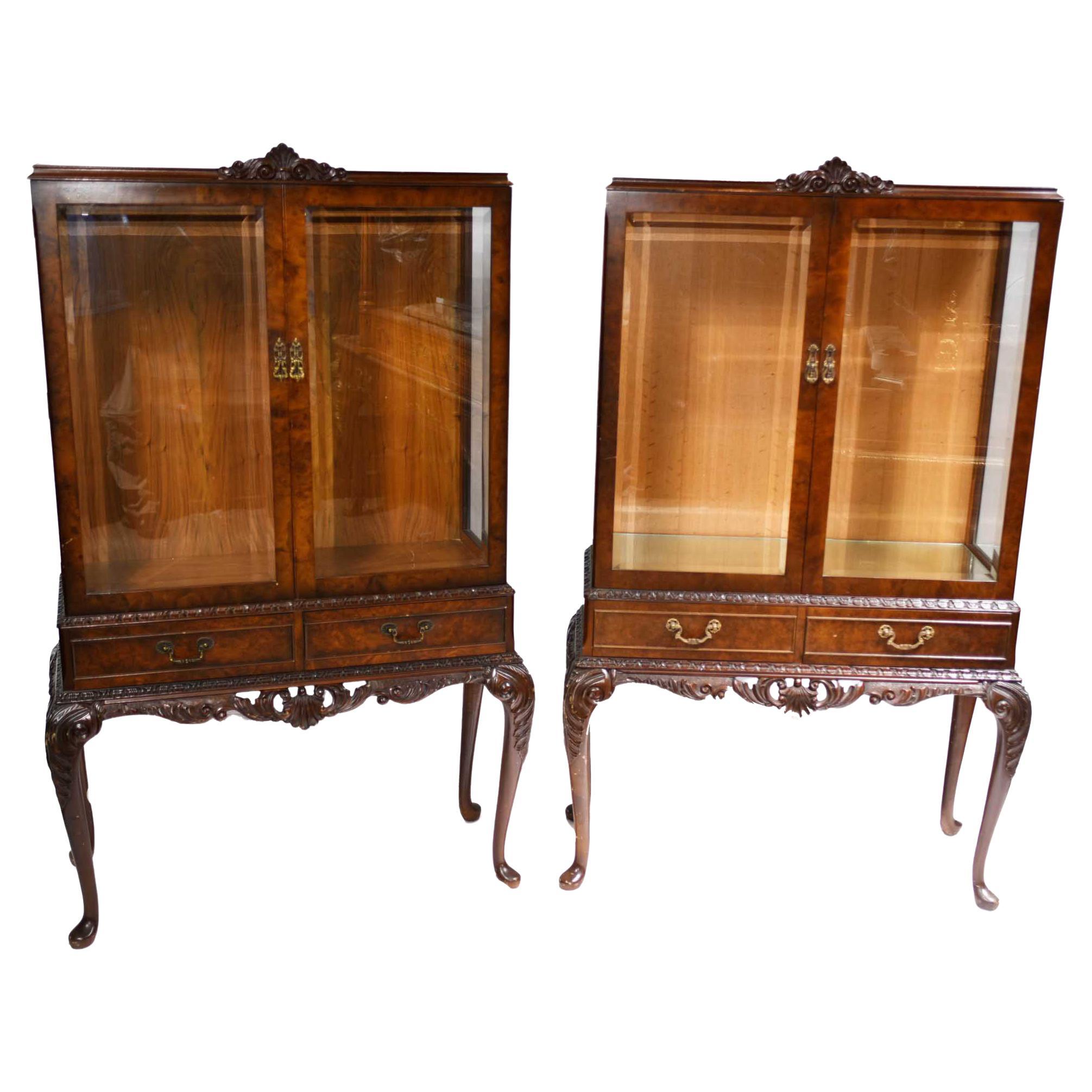 Pair Antique Display Cabinets, Walnut Victorian Bookcases