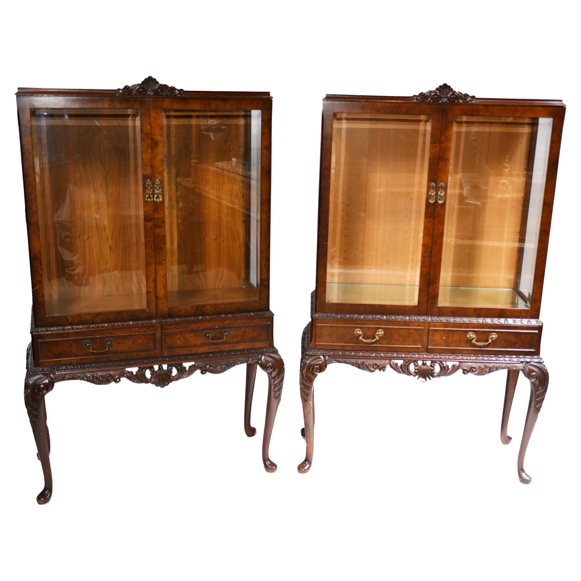 Pair Antique Display Cabinets, Walnut Victorian Bookcases