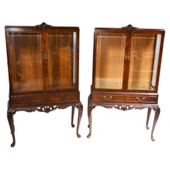 Pair Retro Display Cabinets, Walnut Victorian Bookcases