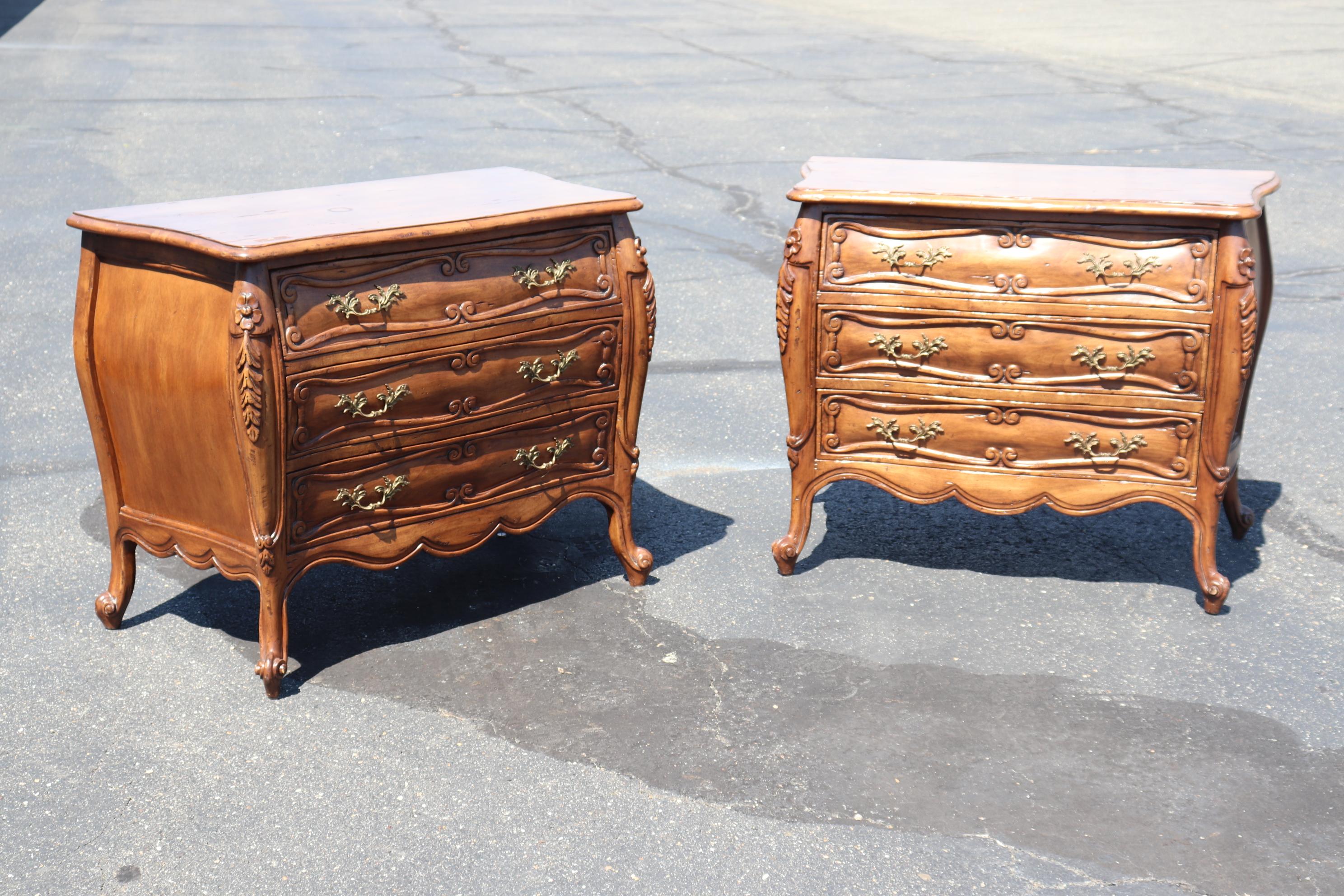 These gorgeous nightstands or commodes are made to look antique with intentional distressed wood with an antique finish too. The drawers are super-smooth with metal slides. The commodes are in very good condition and have no major issues. The
