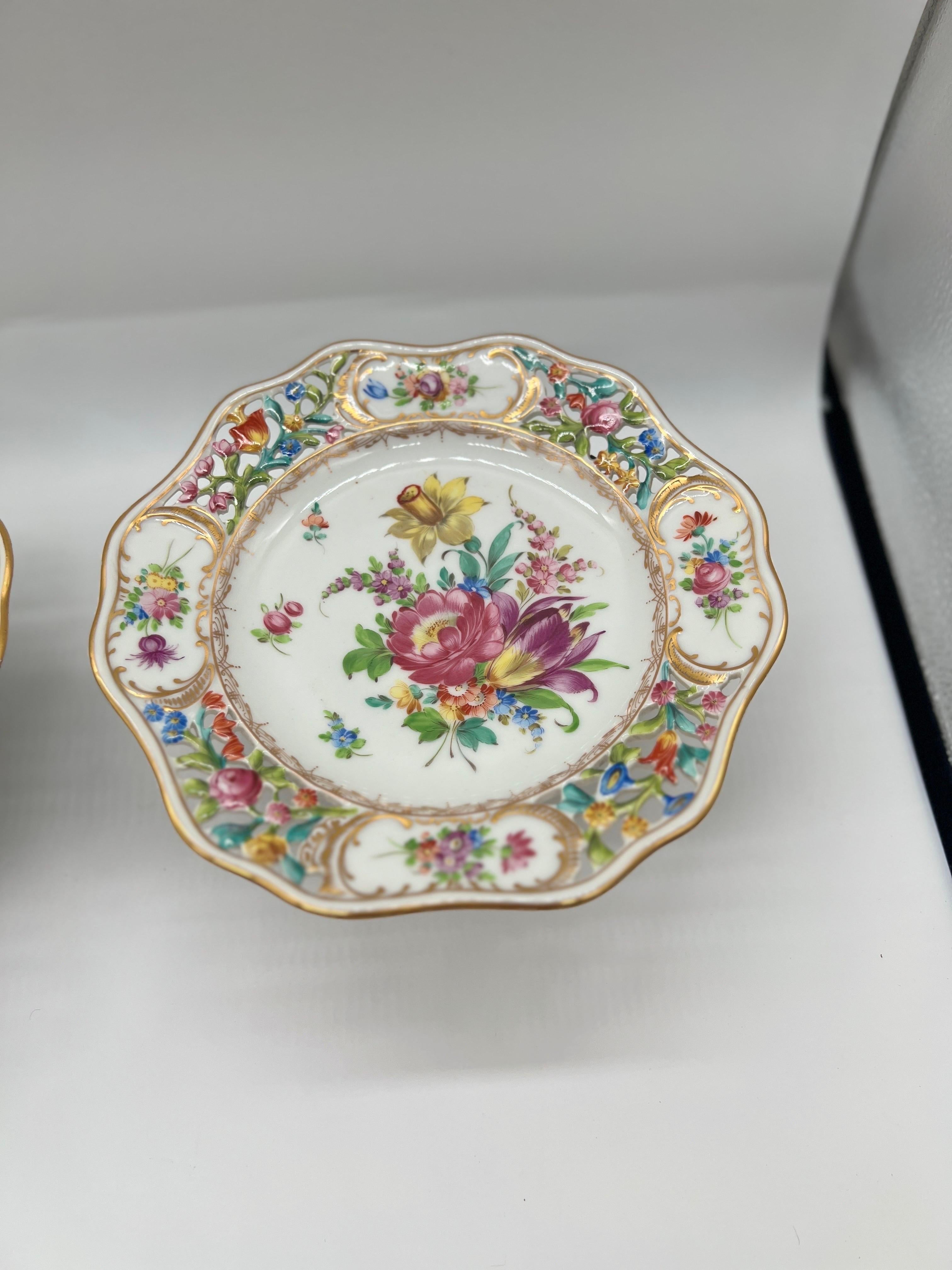 German Pair, Antique Dresden Pierced Porcelain Dessert Compotes