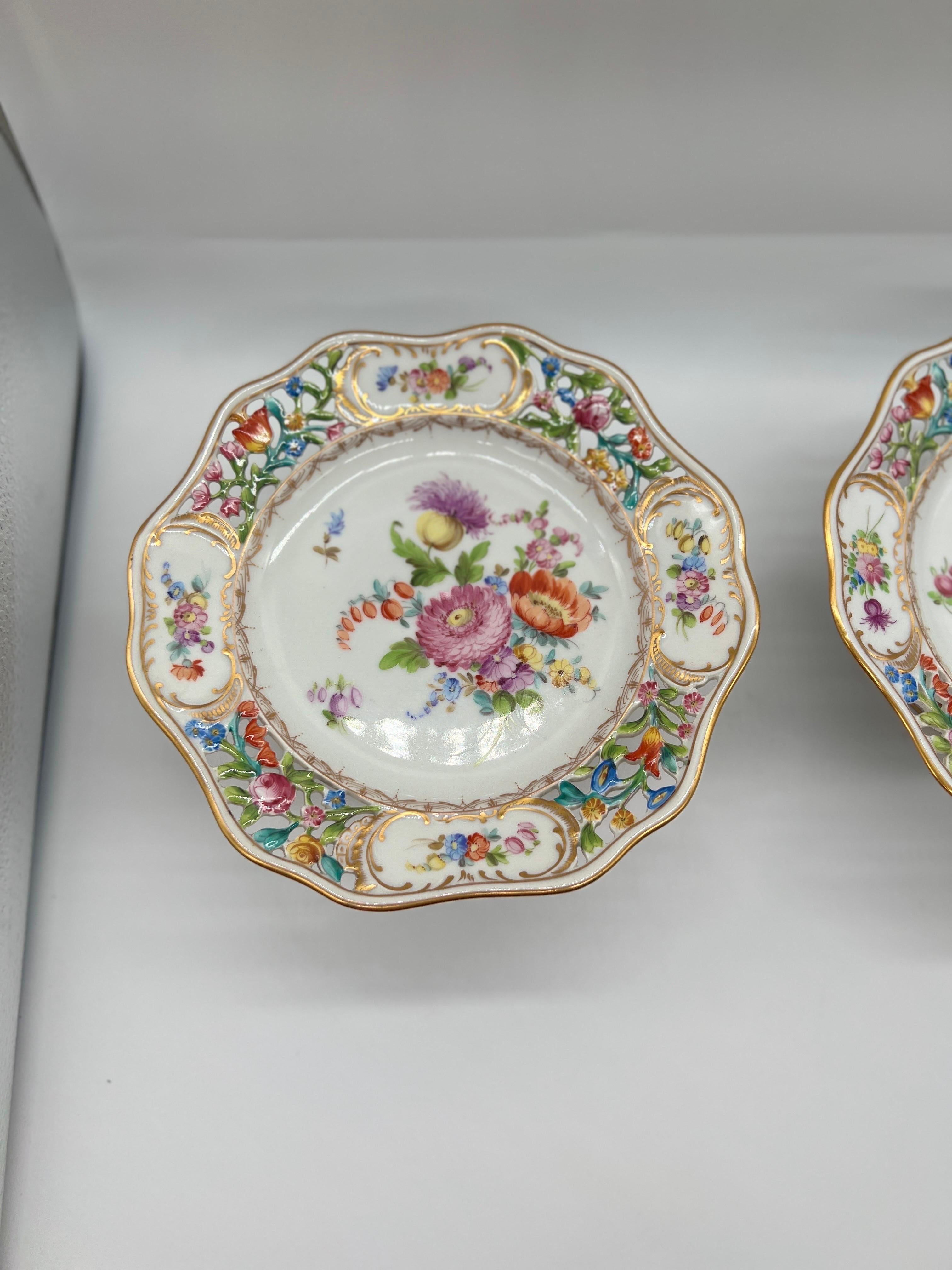 Pair, Antique Dresden Pierced Porcelain Dessert Compotes In Good Condition In Atlanta, GA