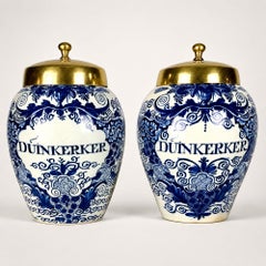 Pair Antique Dutch Delft Blue and White Tobacco Jars Hand Painted Circa 1770