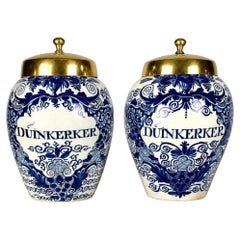 Pair Antique Dutch Delft Blue and White Tobacco Jars Hand Painted Circa 1770