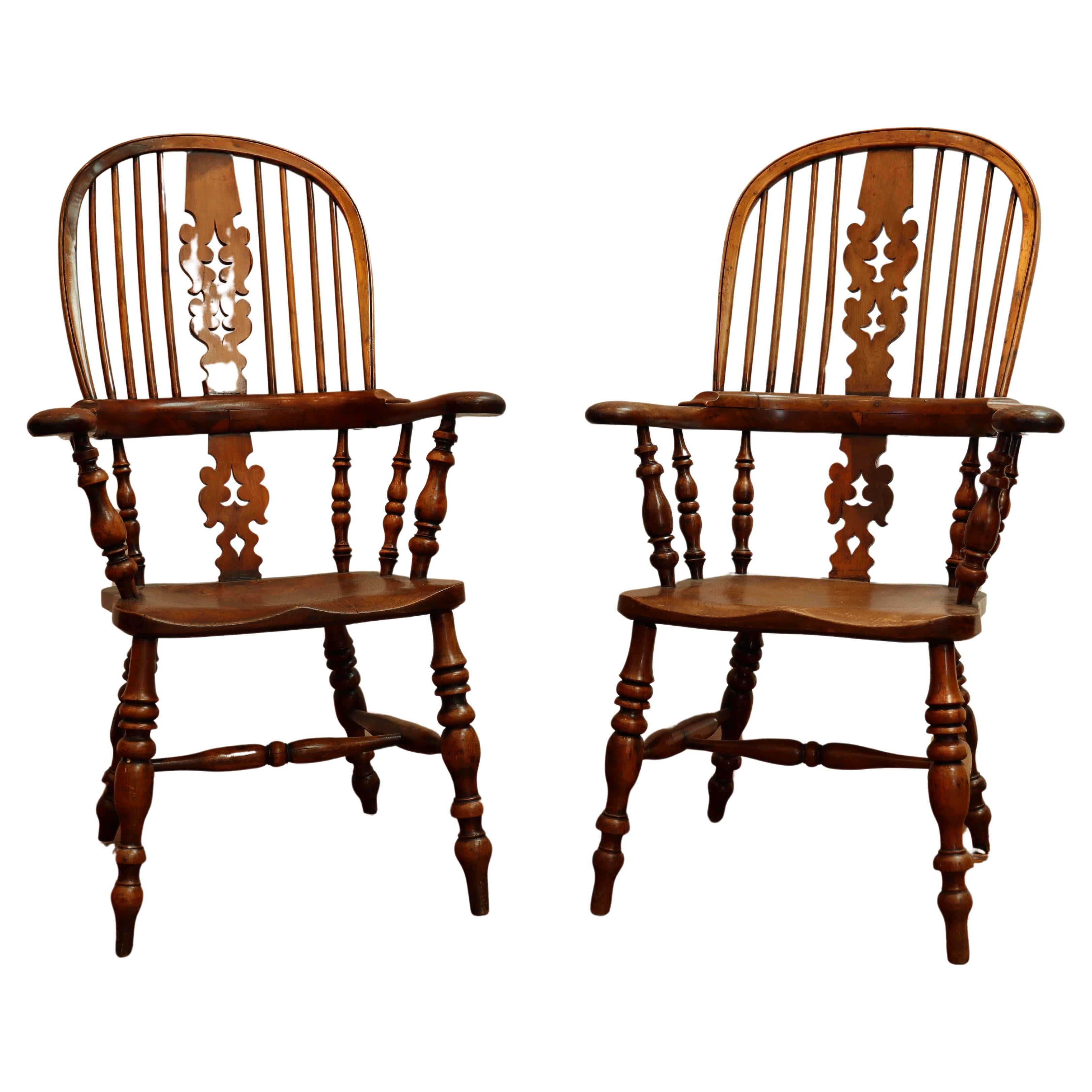 Pair Antique Early 18th C Yew Wood & Elm English Fiddleback Windsor Armchairs For Sale