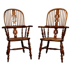 Pair Antique Early 18th C Yew Wood & Elm English Fiddleback Windsor Armchairs