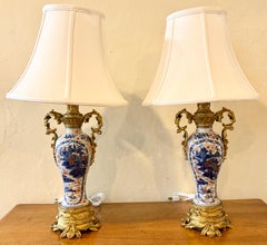 Pair Antique Early 19th Century French Gold Bronze & Imari Porcelain Oil Lamps.