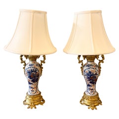 Pair Antique Early 19th Century French Gold Bronze & Imari Porcelain Oil Lamps.