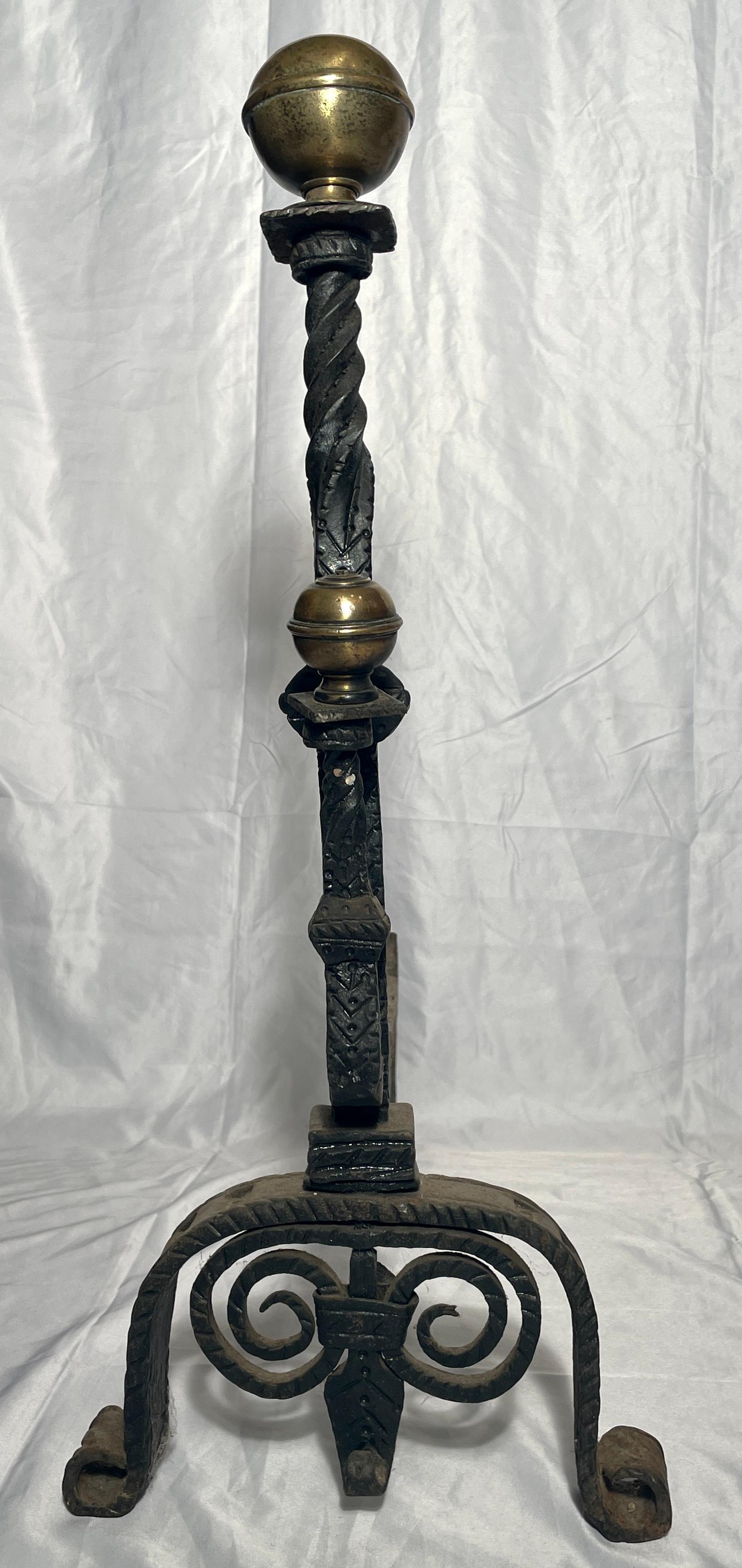 Pair antique early 19th century wrought iron and brass andirons.