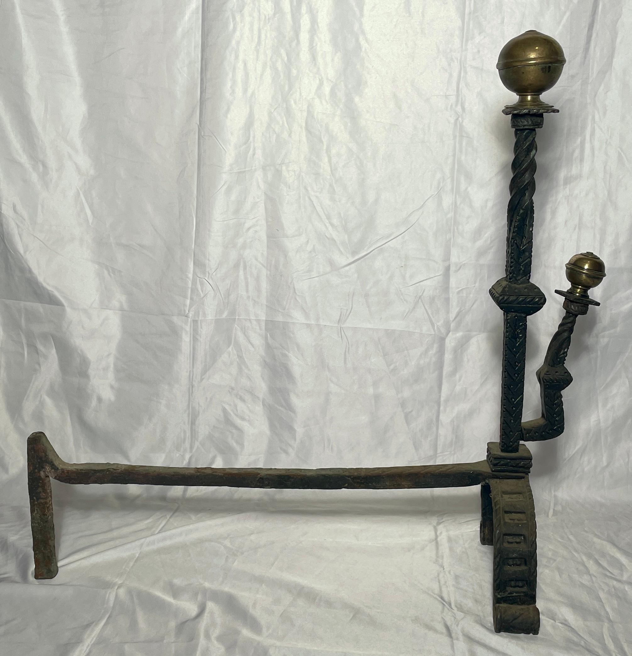 English Pair Antique Early 19th Century Wrought Iron and Brass Andirons For Sale