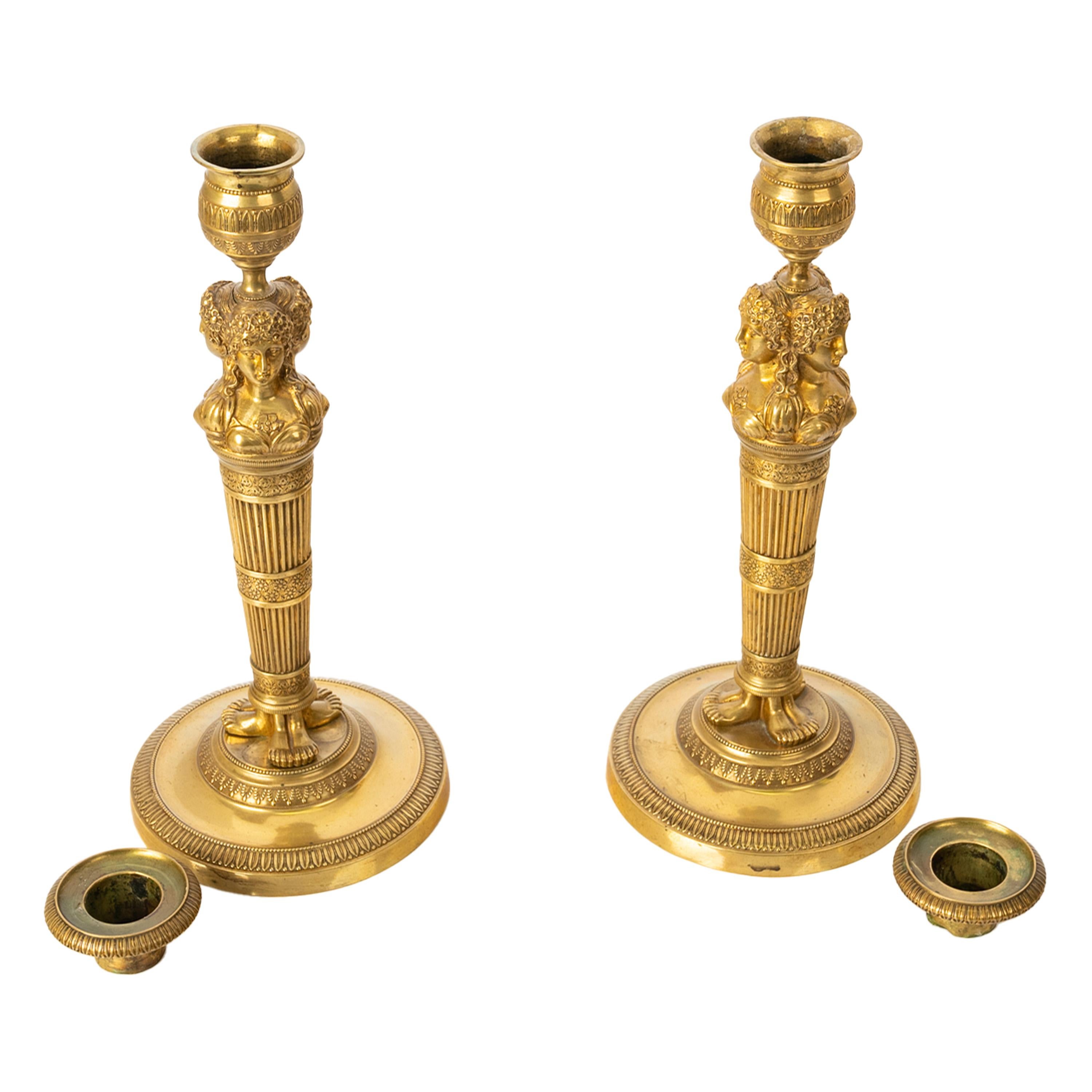 Pair Antique Early 19thC French Empire Neoclassical Gilt Bronze Candlesticks For Sale 5